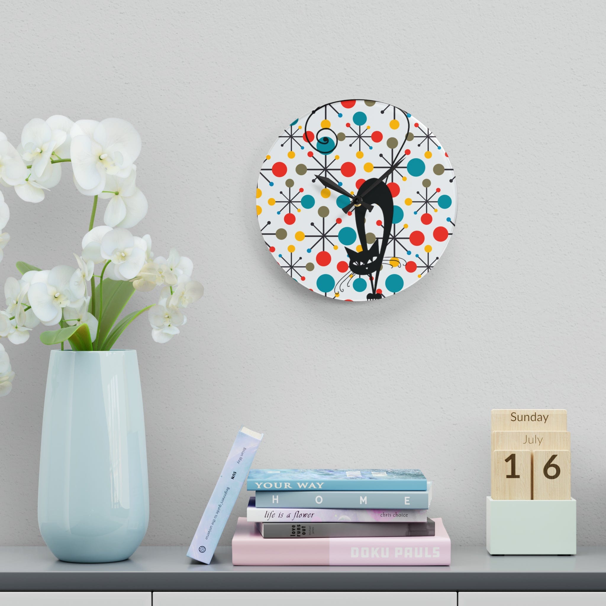 Kate McEnroe New York Atomic Kitschy Cat Acrylic Wall Clock, Mid Century Modern Starburst Wall Decor, Retro MCM Living Room, Bedroom, Kids, Office Home DecorWall Clocks32958932411897154669