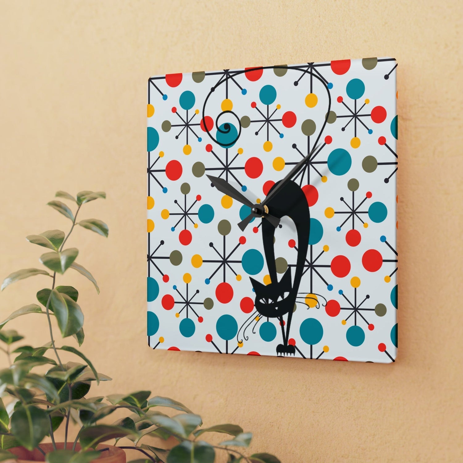 Atomic Kitschy Cat Acrylic Wall Clock, Mid Century Modern