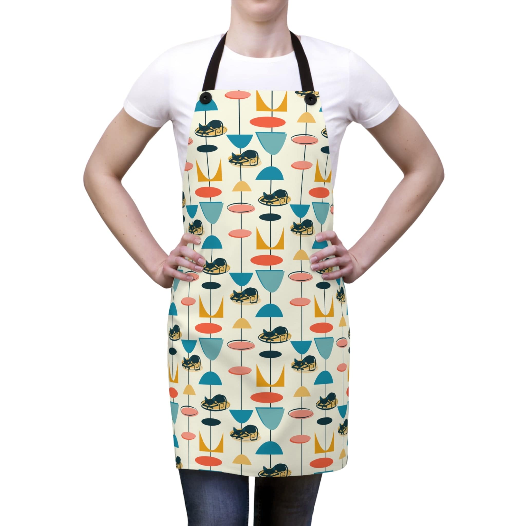 Kate McEnroe New York Atomic Kitschy Cat Apron, Mid Century Modern Retro Geometric Chef Apron, Mother&