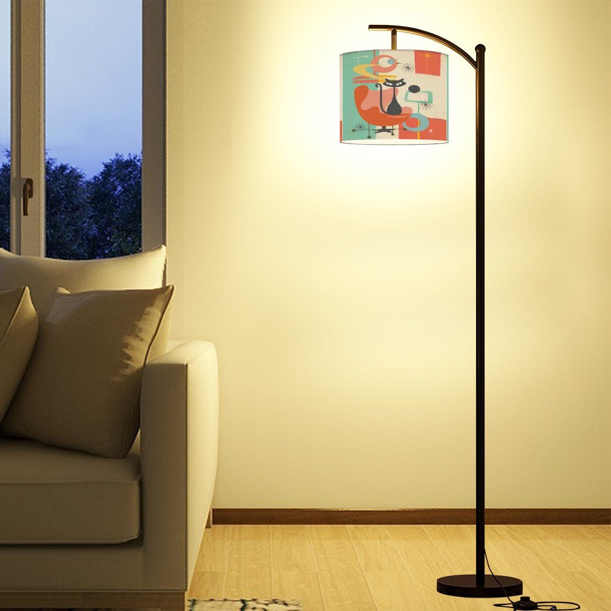 Kate McEnroe New York Atomic Kitschy Cat Arc Floor Lamp, Mid Century Modern Teal Orange Retro LightingFloor Lamps8HdsuUyW3q