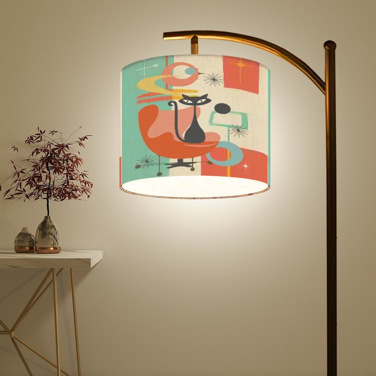 Kate McEnroe New York Atomic Kitschy Cat Arc Floor Lamp, Mid Century Modern Teal Orange Retro LightingFloor Lamps8HdsuUyW3q