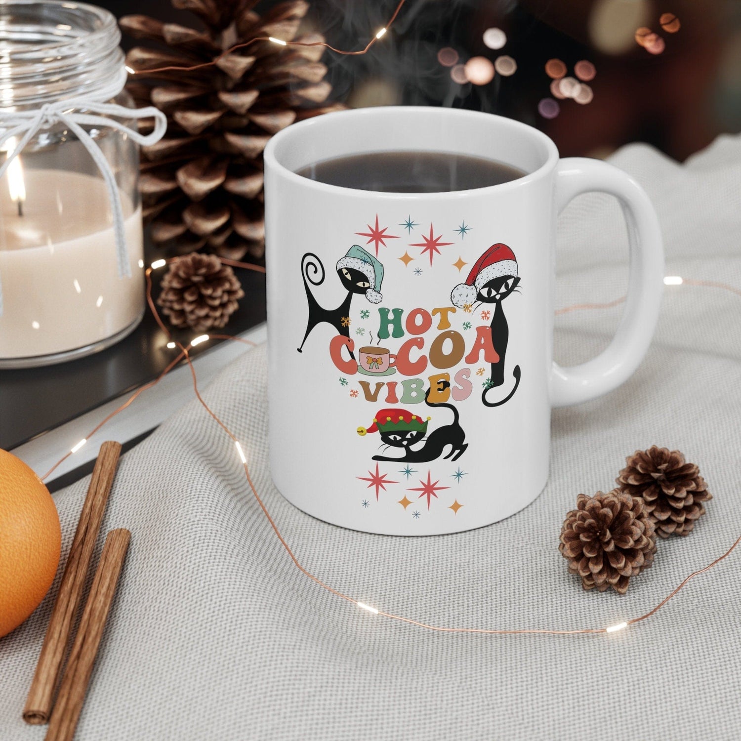 Kate McEnroe New York Atomic Kitschy Cat Christmas Mug - Mid Century Modern Starburst Boho Holiday Drinkware - Hot Cocoa Vibes 21780554224682647697