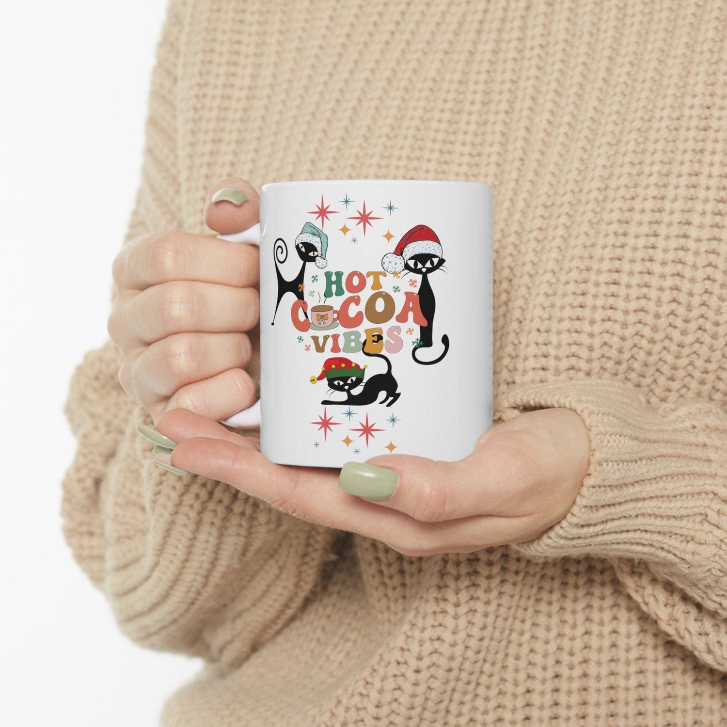 Kate McEnroe New York Atomic Kitschy Cat Christmas Mug - Mid Century Modern Starburst Boho Holiday Drinkware - Hot Cocoa VibesMugs21780554224682647697