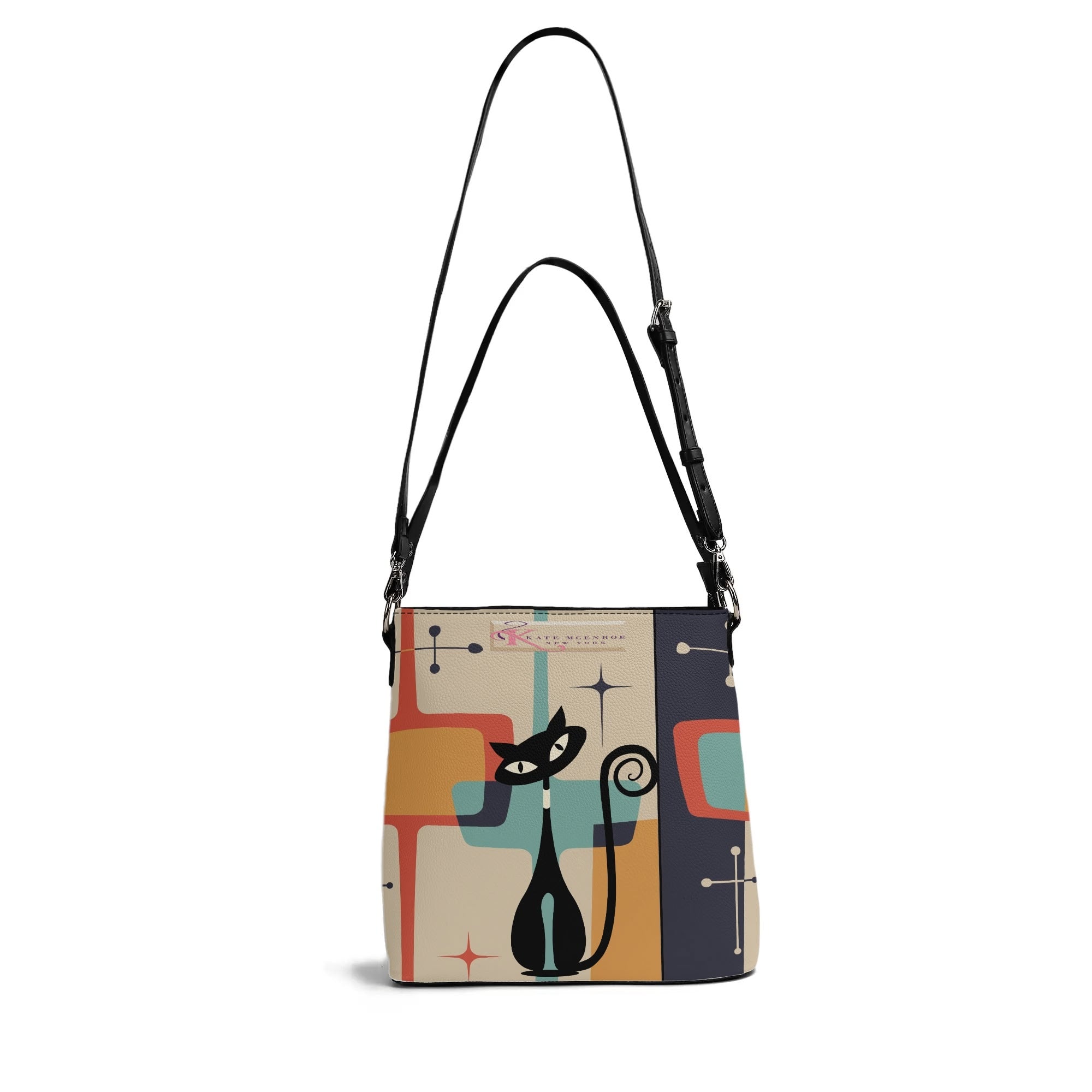 Kate McEnroe New York Atomic Kitschy Cat Crossbody Bucket Bag, Mid Century Modern Retro Geometric Shoulder BagHandbagsN4684GMY - 1