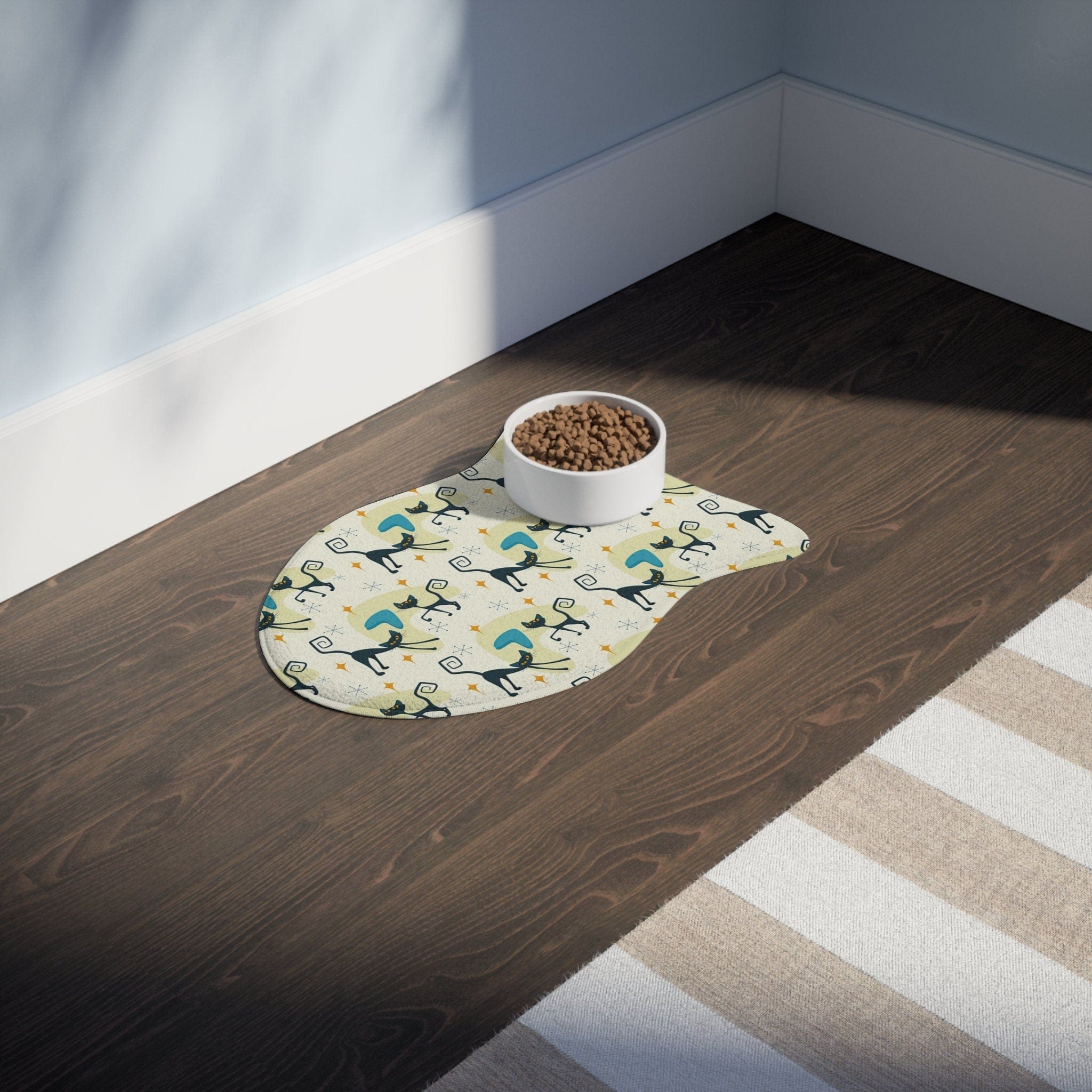 Kate McEnroe New York Atomic Kitschy Cat Fish Shaped Pet Feeding Mats, Retro Boomerang Starburst Non - Slip, Highly Absorbent Pads, Cat Lovers Gift - 127881923Pet Feeding Mats38050366914706374244