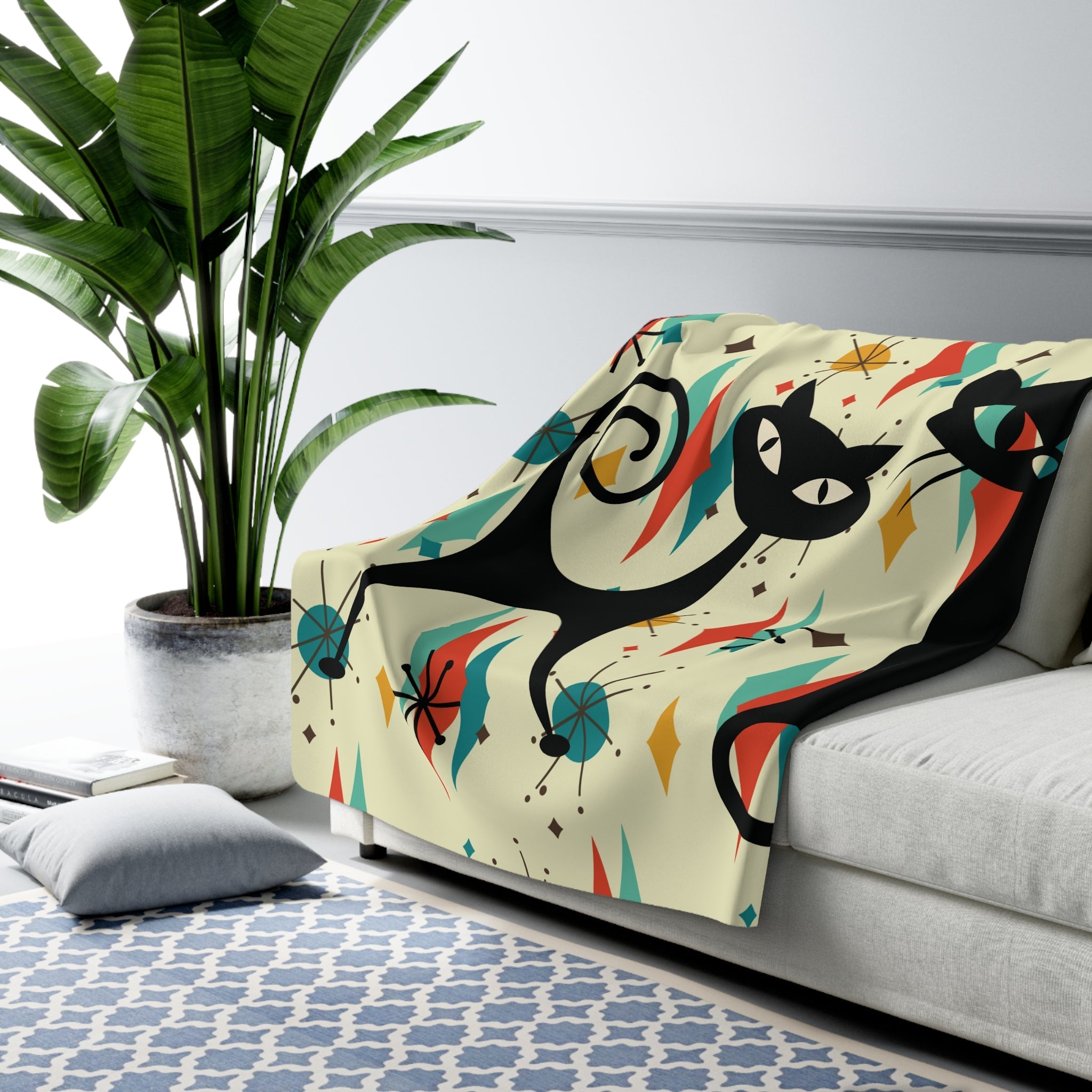 Kate McEnroe New York Atomic Kitschy Cat Franciscan Diamond Starburst Throw Blanket, Mid Century Modern Retro Sherpa Fleece Sofa AccentBlankets11879844170147144253