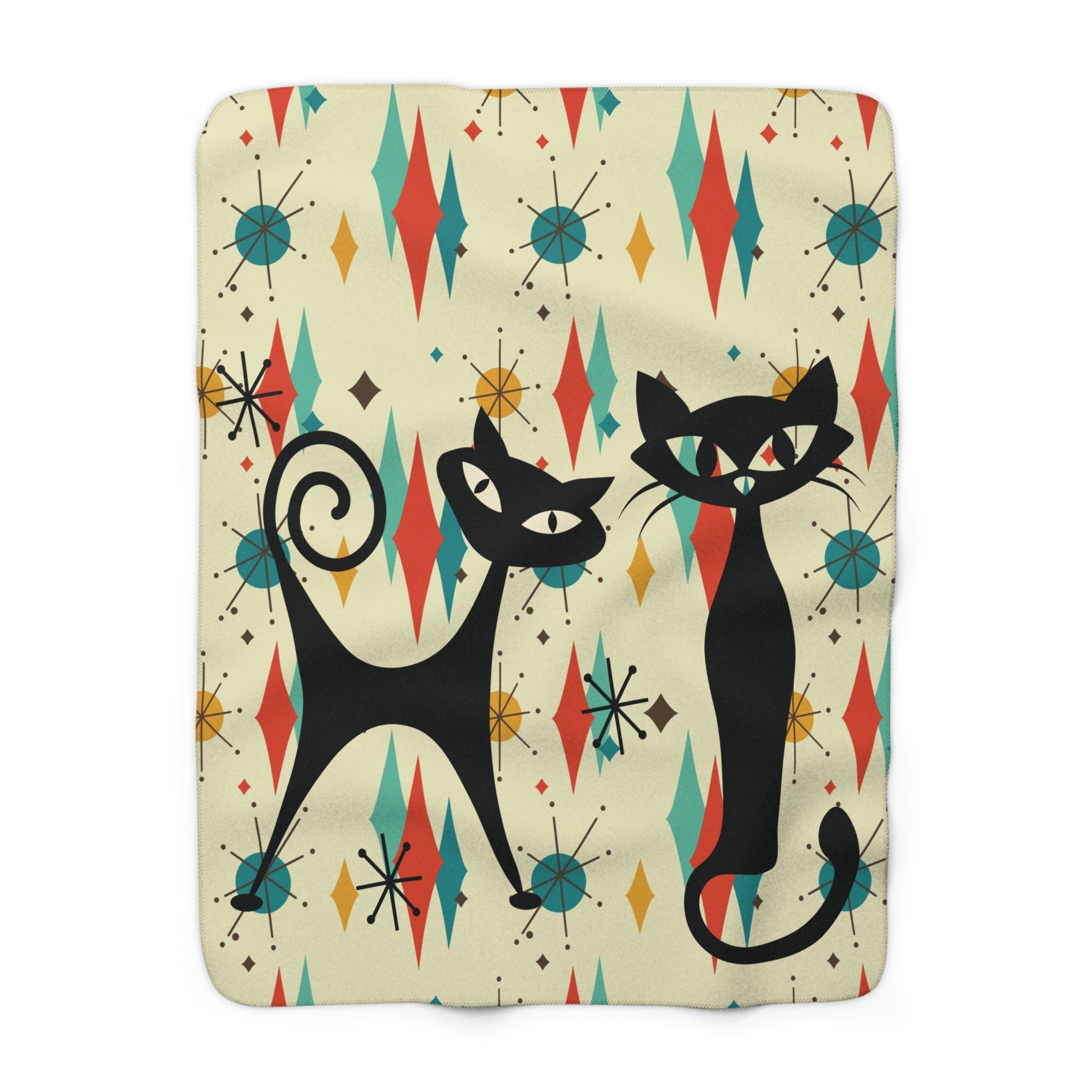 Kate McEnroe New York Atomic Kitschy Cat Franciscan Diamond Starburst Throw Blanket, Mid Century Modern Retro Sherpa Fleece Sofa AccentBlankets11879844170147144253