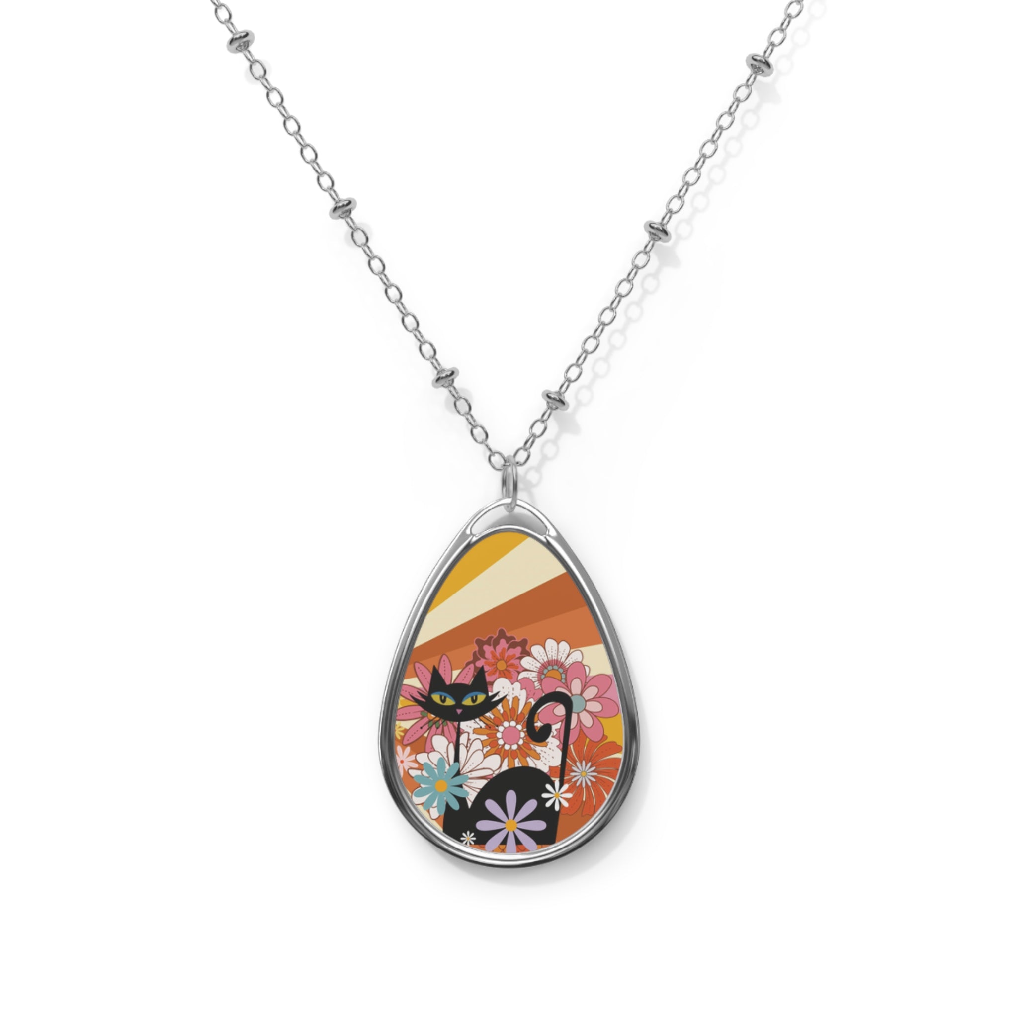 Kate McEnroe New York Atomic Kitschy Cat Groovy Flower Power Necklace, Mid Century Modern Teardrop Pendant, Retro 60s JewelryNecklaces32910846296725484245