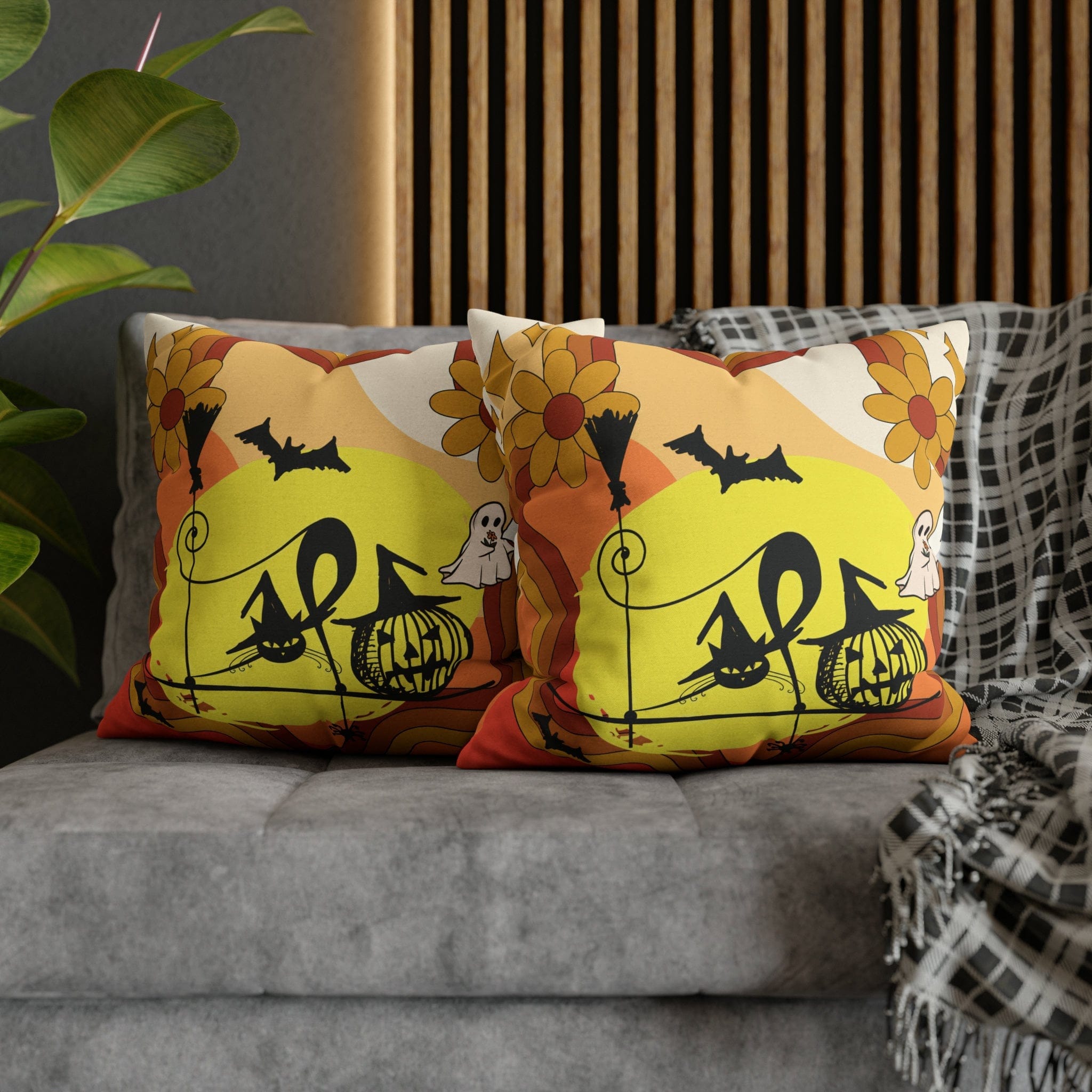 Kate McEnroe New York Atomic Kitschy Cat Halloween Pillow Cover, Retro Pumpkin, Bat Ghost Floral Holiday Cushion Covers, MCM Pillow Case Throw Pillow Covers