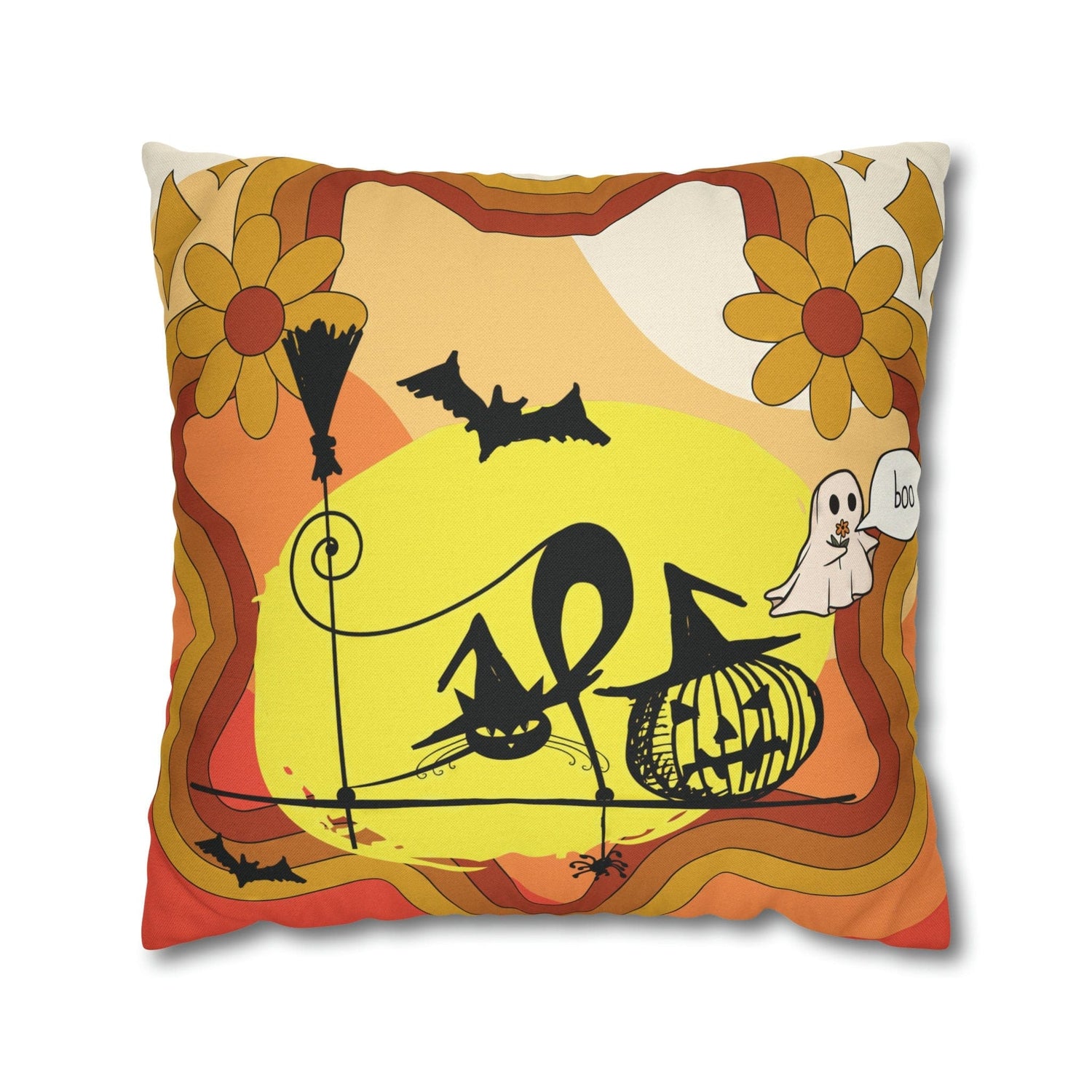 Kate McEnroe New York Atomic Kitschy Cat Halloween Pillow Cover, Retro Pumpkin, Bat Ghost Floral Holiday Cushion Covers, MCM Pillow Case Throw Pillow Covers