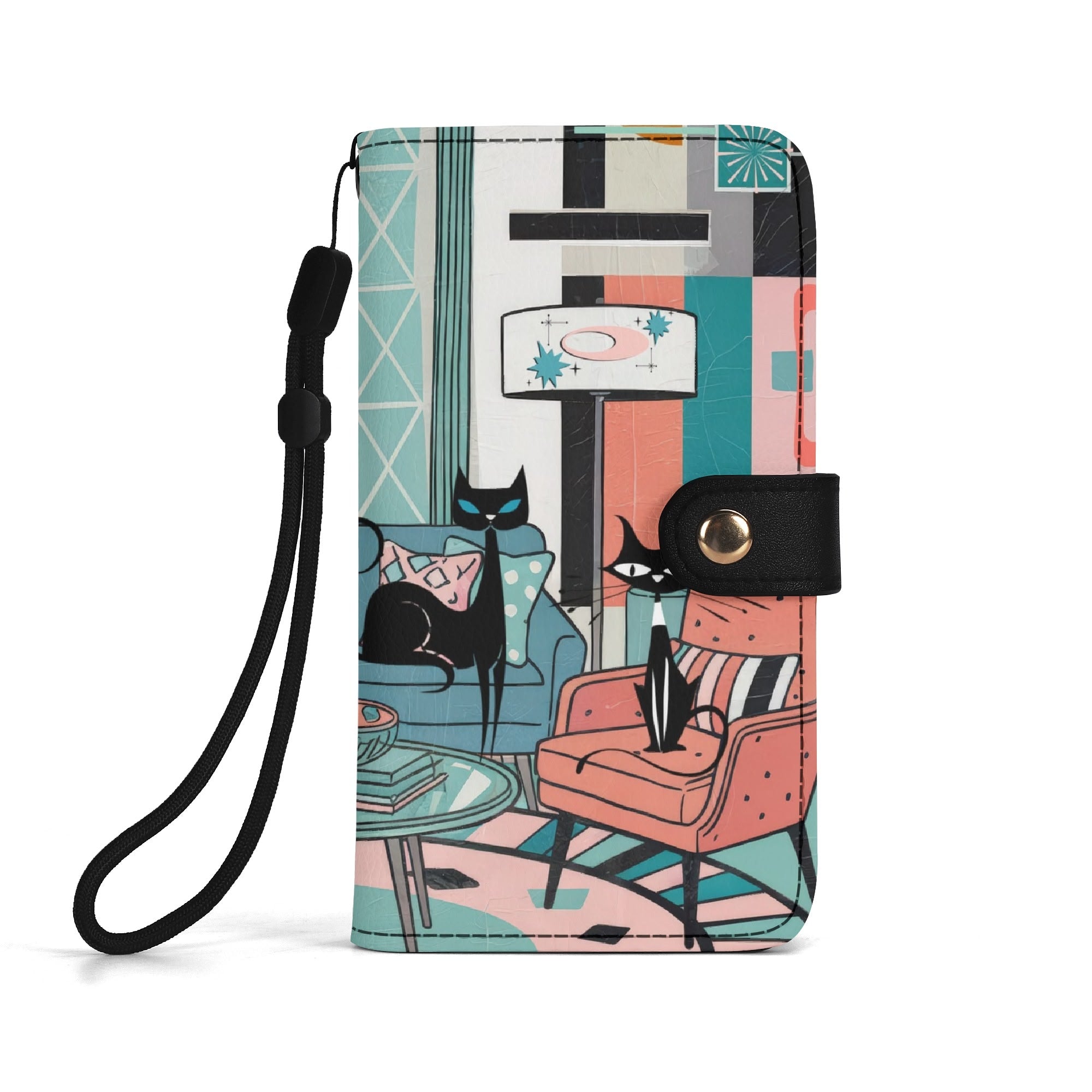 Kate McEnroe New York Atomic Kitschy Cat Mid Century Flip Phone Case, Retro 50s MCM Lounge Wallet Cover, Starburst Mod Card HolderPhone CasesWE9GE21W - 1
