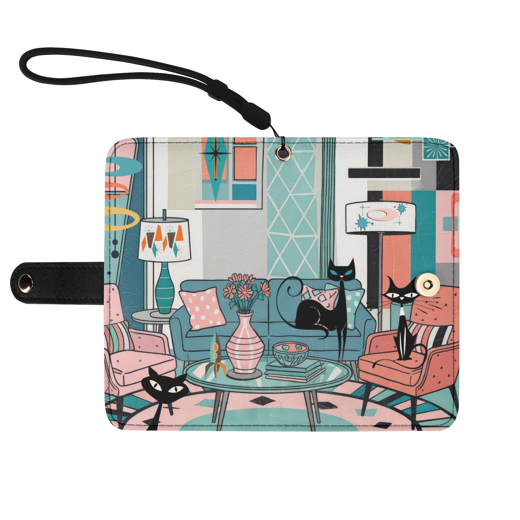 Kate McEnroe New York Atomic Kitschy Cat Mid Century Flip Phone Case, Retro 50s MCM Lounge Wallet Cover, Starburst Mod Card HolderPhone CasesWE9GE21W - 1