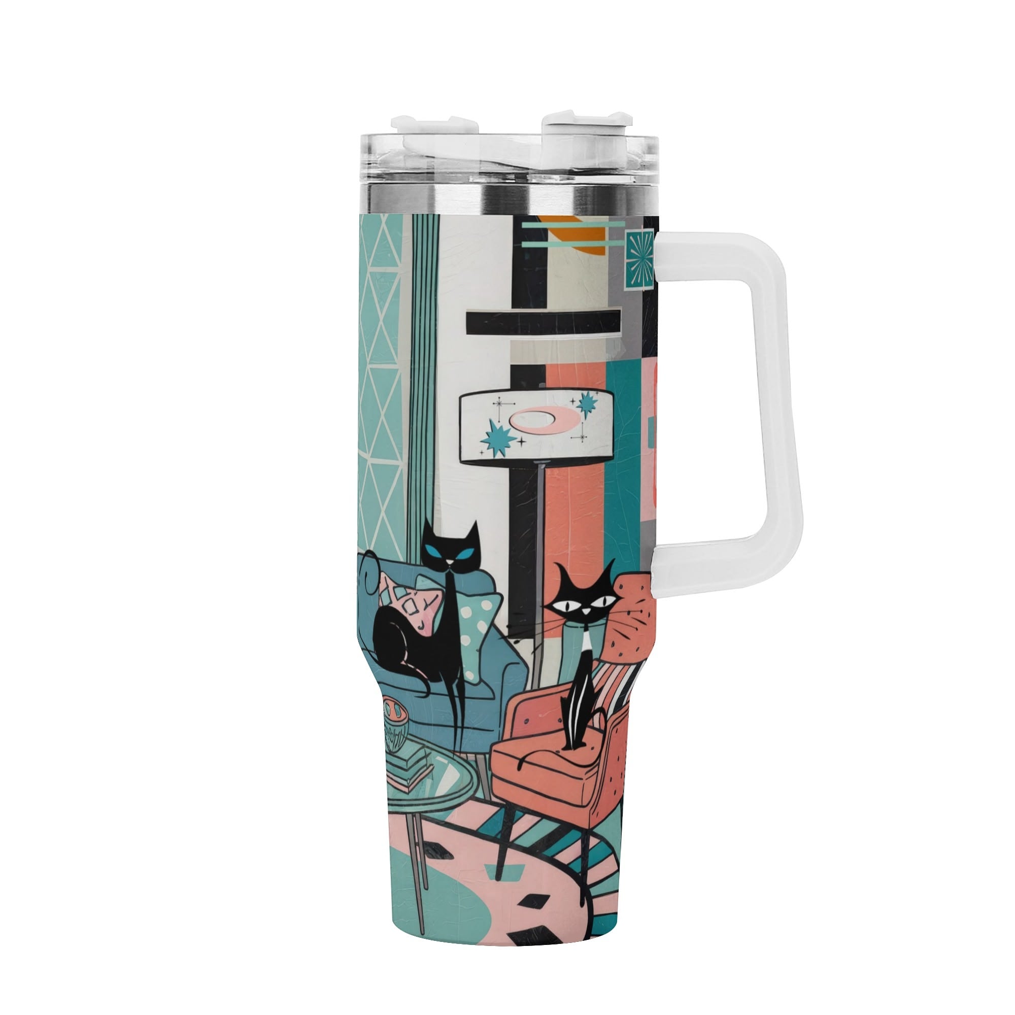 Kate McEnroe New York Atomic Kitschy Cat Mid Century Lounge Tumbler, Retro Stainless Steel Travel Mug, 50s MCM Starburst CupTumblersWJ2V9KRW - 1