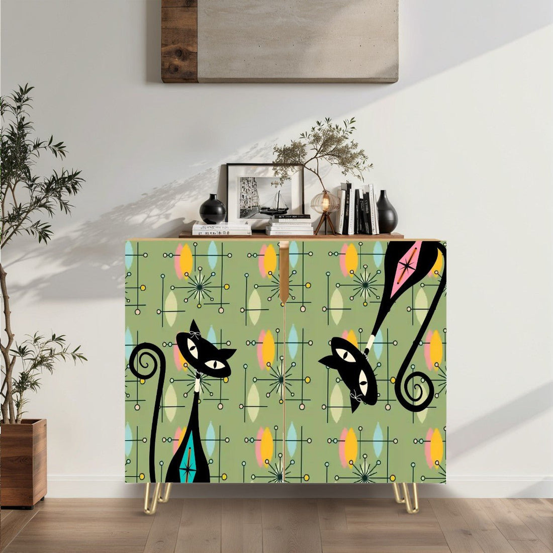 Kate McEnroe New York Atomic Kitschy Cat Mid Century Modern Cabinet, Retro Green Starburst Storage, 50s Mod Hairpin Leg SideboardStorage CabinetsbFVMpRFPVO