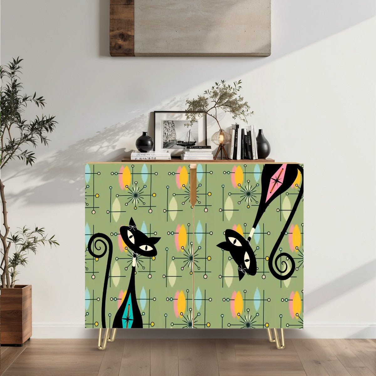 Kate McEnroe New York Atomic Kitschy Cat Mid Century Modern Cabinet, Retro Green Starburst Storage, 50s Mod Hairpin Leg SideboardStorage CabinetsbFVMpRFPVO
