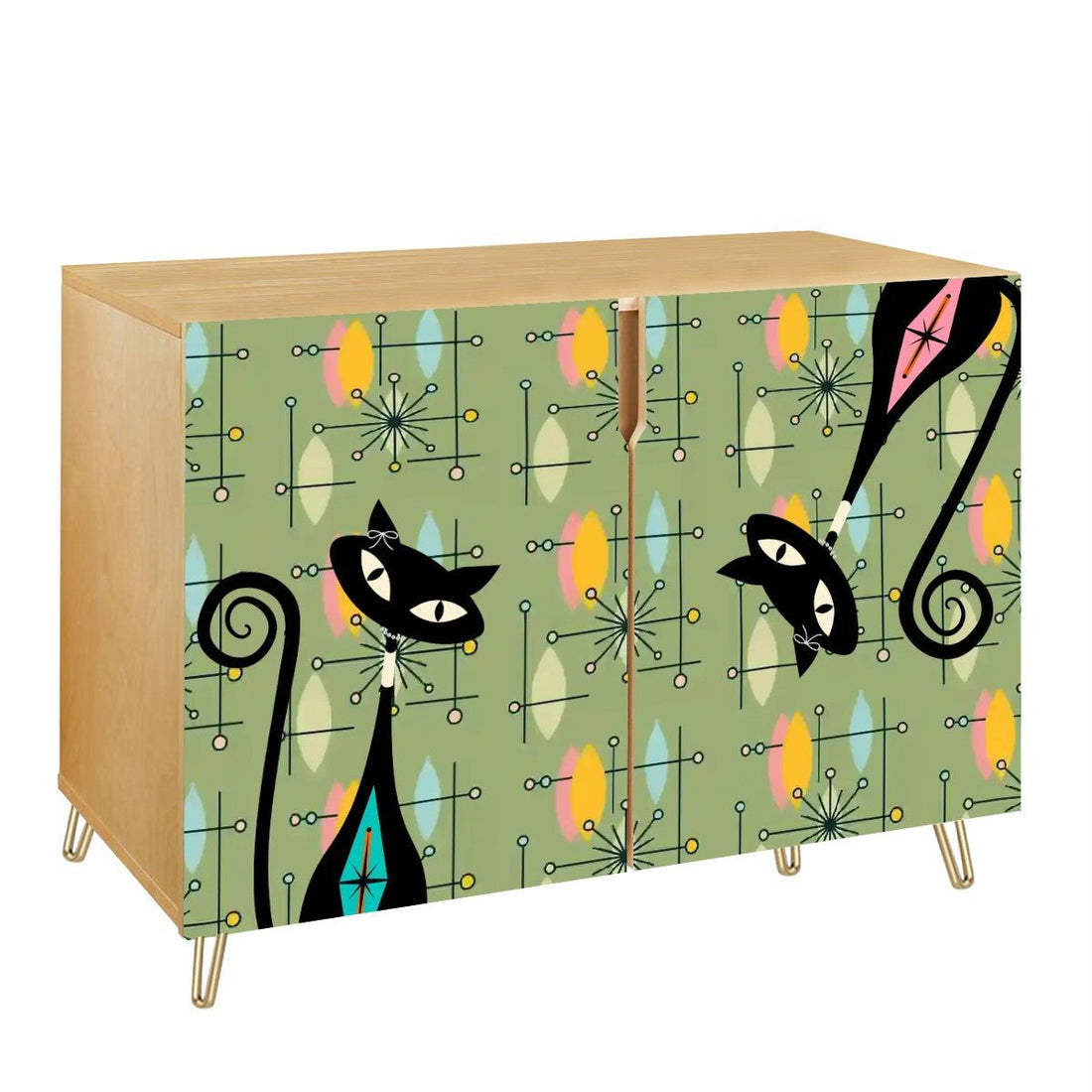 Kate McEnroe New York Atomic Kitschy Cat Mid Century Modern Cabinet, Retro Green Starburst Storage, 50s Mod Hairpin Leg SideboardStorage CabinetsbFVMpRFPVO