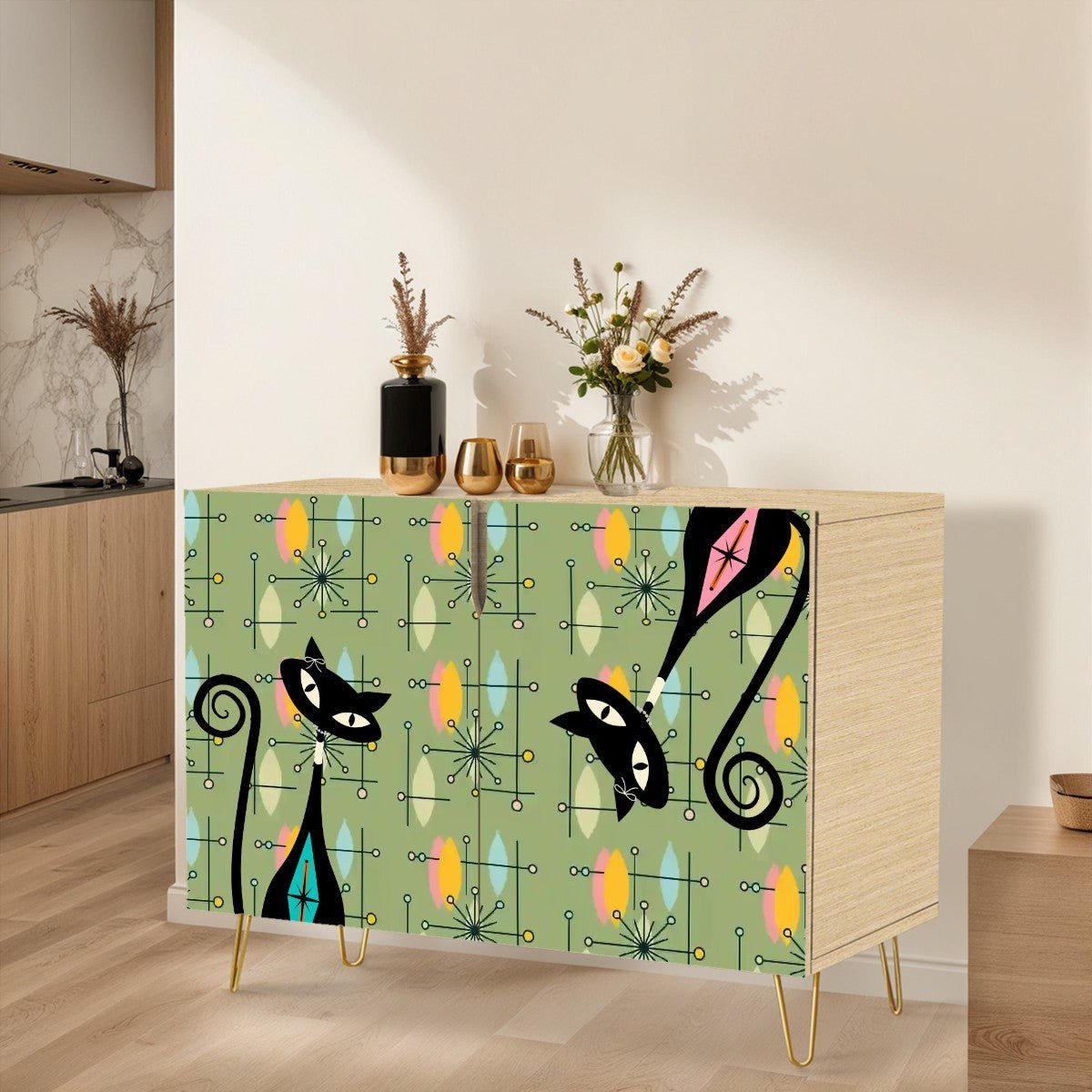 Kate McEnroe New York Atomic Kitschy Cat Mid Century Modern Cabinet, Retro Green Starburst Storage, 50s Mod Hairpin Leg SideboardStorage CabinetsbFVMpRFPVO