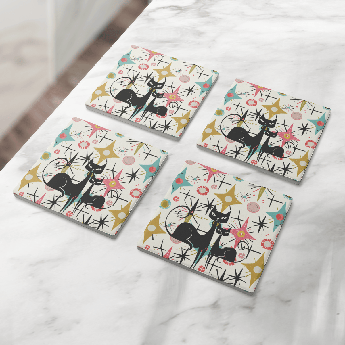 Kate McEnroe New York Atomic Kitschy Cat Mid Century Modern Starburst Soapstone CoastersCoasters7021