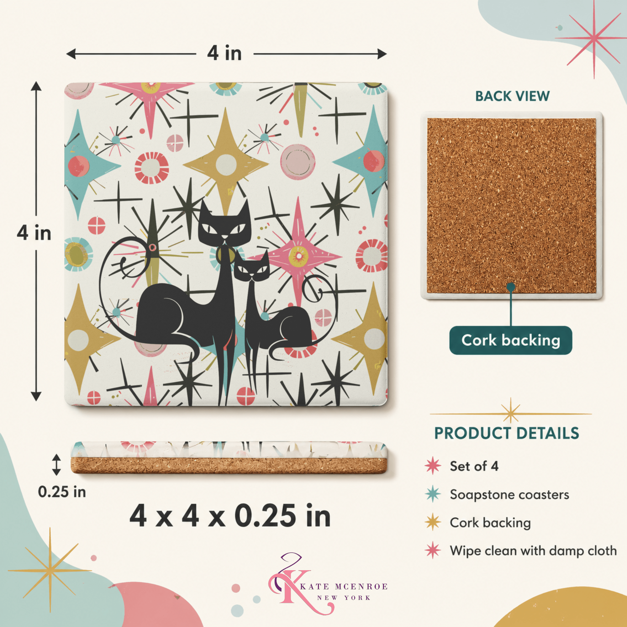 Kate McEnroe New York Atomic Kitschy Cat Mid Century Modern Starburst Soapstone CoastersCoasters7021