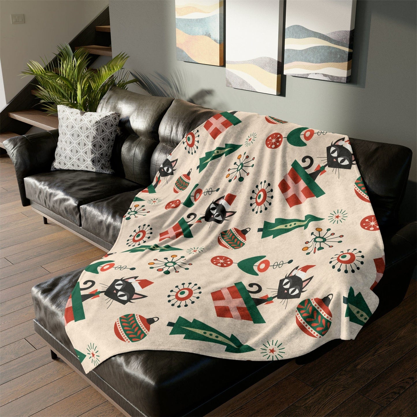 Kate McEnroe New York Atomic Kitschy Cat Mid Mod Retro Starburst Christmas Sherpa Fleece Blanket Blankets