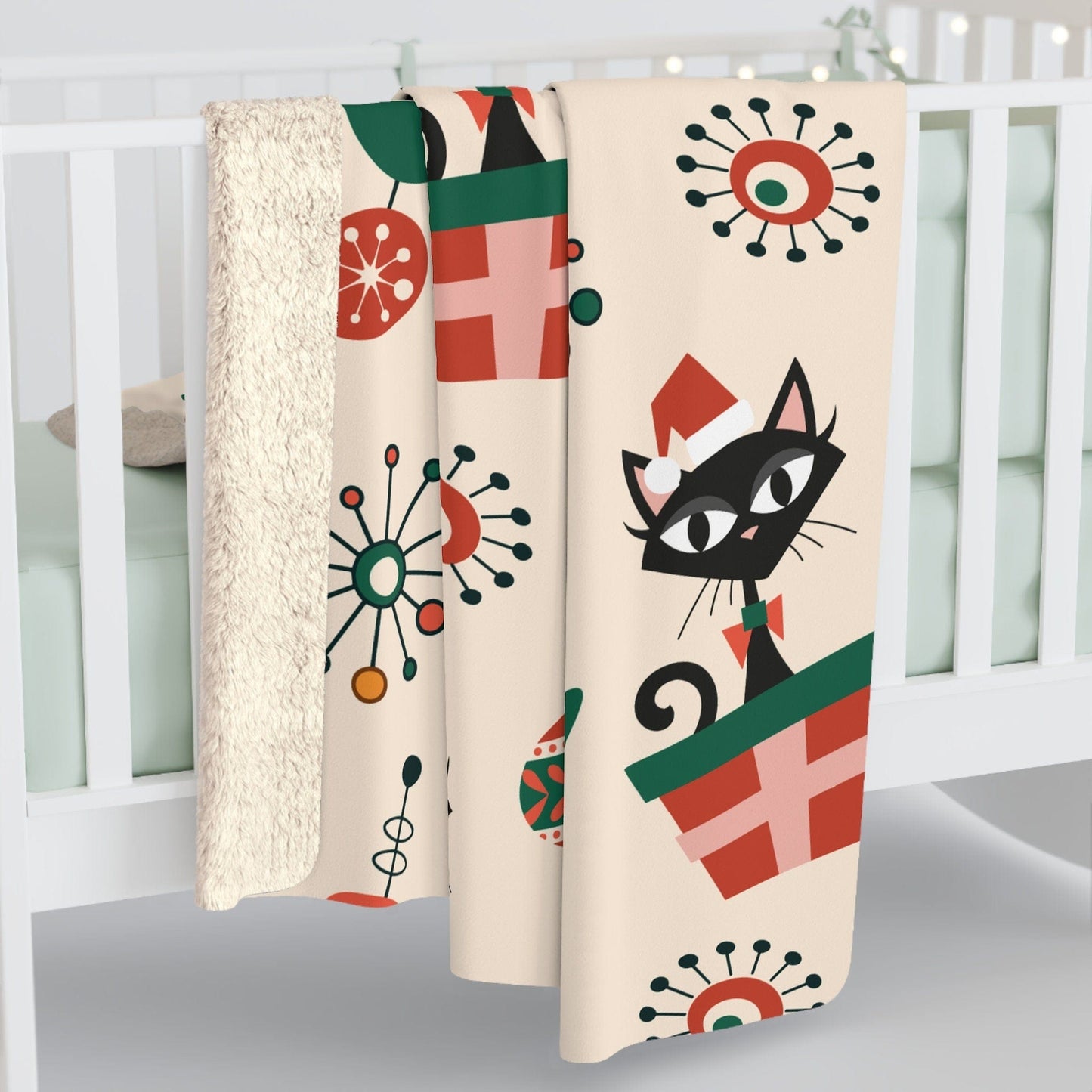 Kate McEnroe New York Atomic Kitschy Cat Mid Mod Retro Starburst Christmas Sherpa Fleece Blanket Blankets