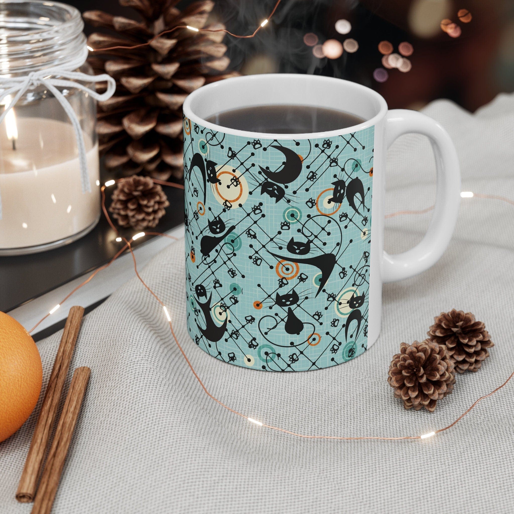 Kate McEnroe New York Atomic Kitschy Cat Mug, Retro Mid Century Modern DrinkwareMugs31115606966429280793