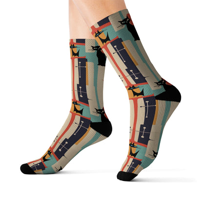 Printify Atomic Kitschy Cat Retro Socks, Mid Century Modern Cozy Crew Length, Fleece Lined, Ribbed Tubes, Cushioned Bottoms, Cat Lover's Gift All Over Prints L 27423163387270807369