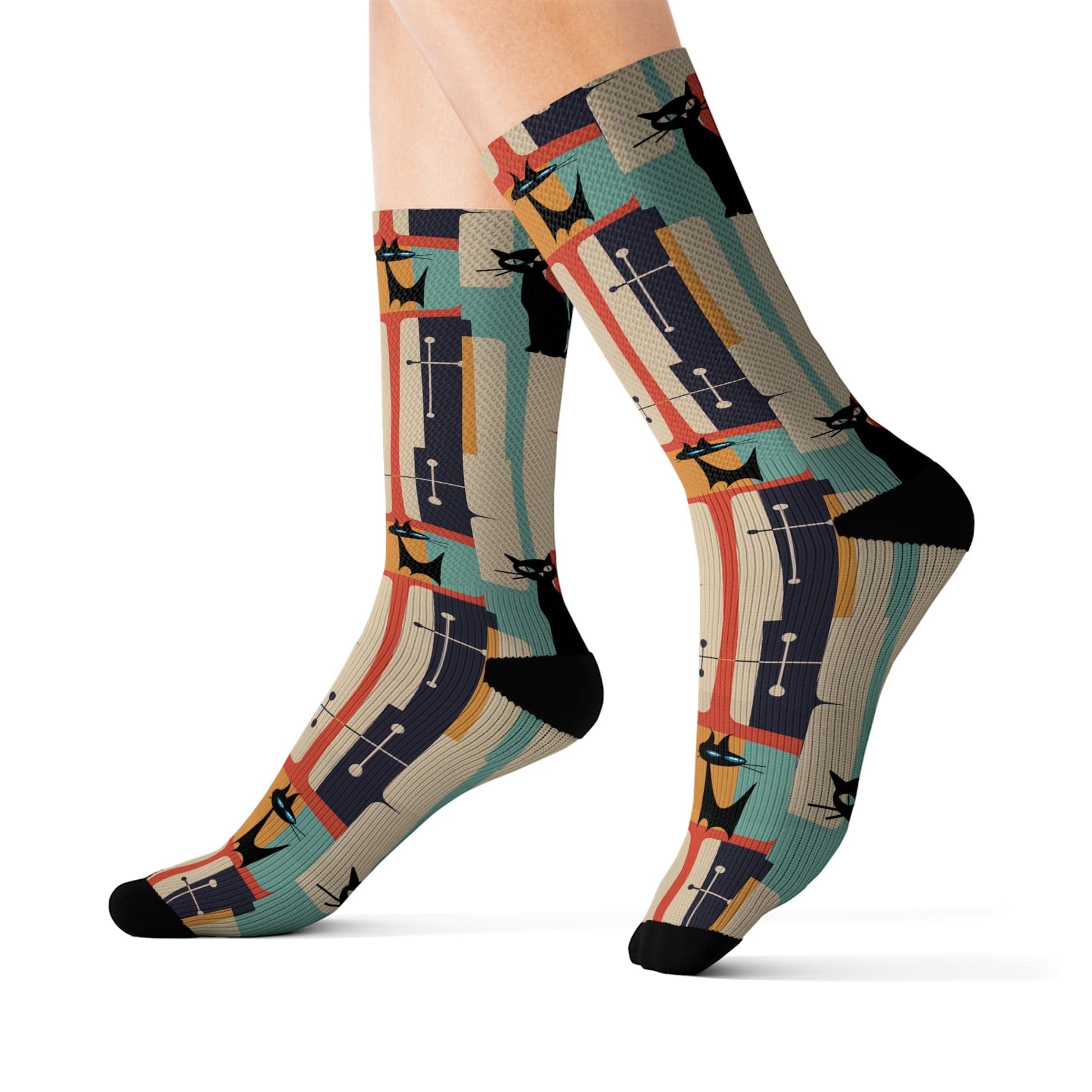 Printify Atomic Kitschy Cat Retro Socks, Mid Century Modern Cozy Crew Length, Fleece Lined, Ribbed Tubes, Cushioned Bottoms, Cat Lover's Gift All Over Prints M 13485700302088759605