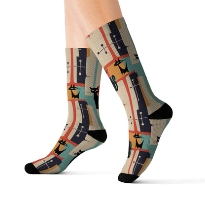 Printify Atomic Kitschy Cat Retro Socks, Mid Century Modern Cozy Crew Length, Fleece Lined, Ribbed Tubes, Cushioned Bottoms, Cat Lover's Gift All Over Prints S 27085283664051737944