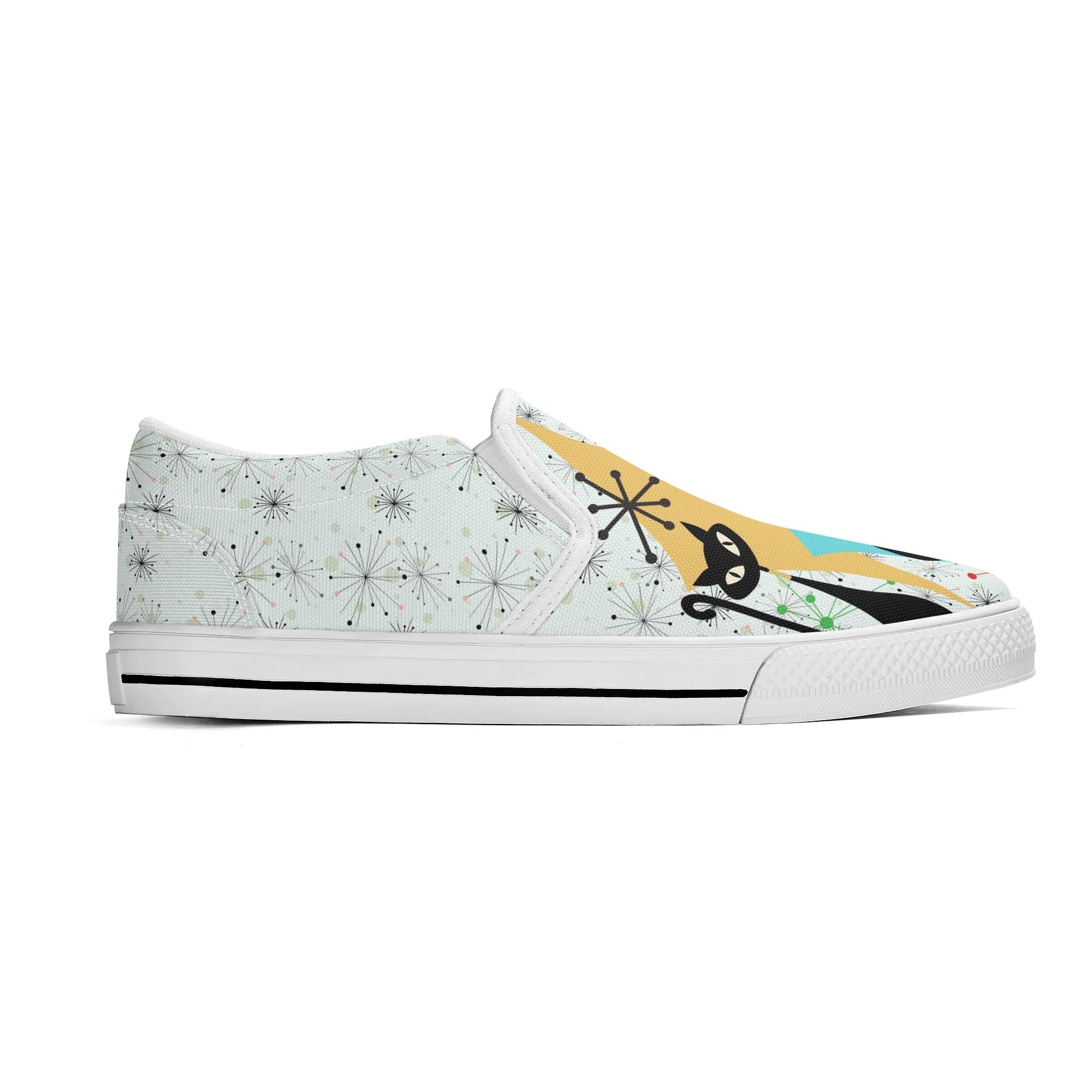 Kate McEnroe New York Atomic Kitschy Cat Retro Womens Slip - On Shoes, Mid Century Modern Starburst Sneakers, MCM Casual FootwearSlip - On ShoesWJLP0JEN - 11