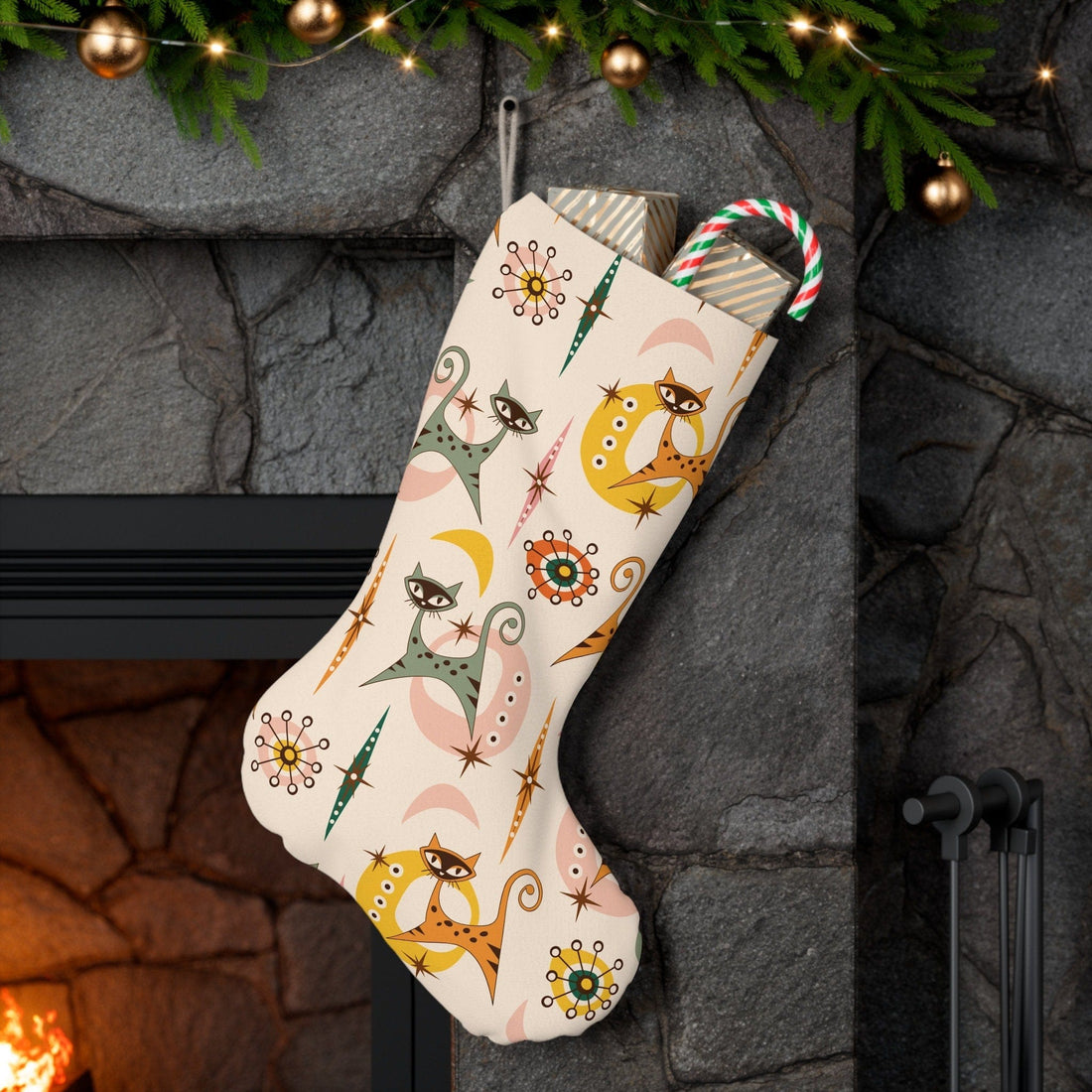 Kate McEnroe New York Atomic Kitschy Cat Santa Stocking, 50s Retro Vintage Style Diamond Starburst Christmas Stockings, MCM Holiday Decor Holiday Stockings 98446025884550017112