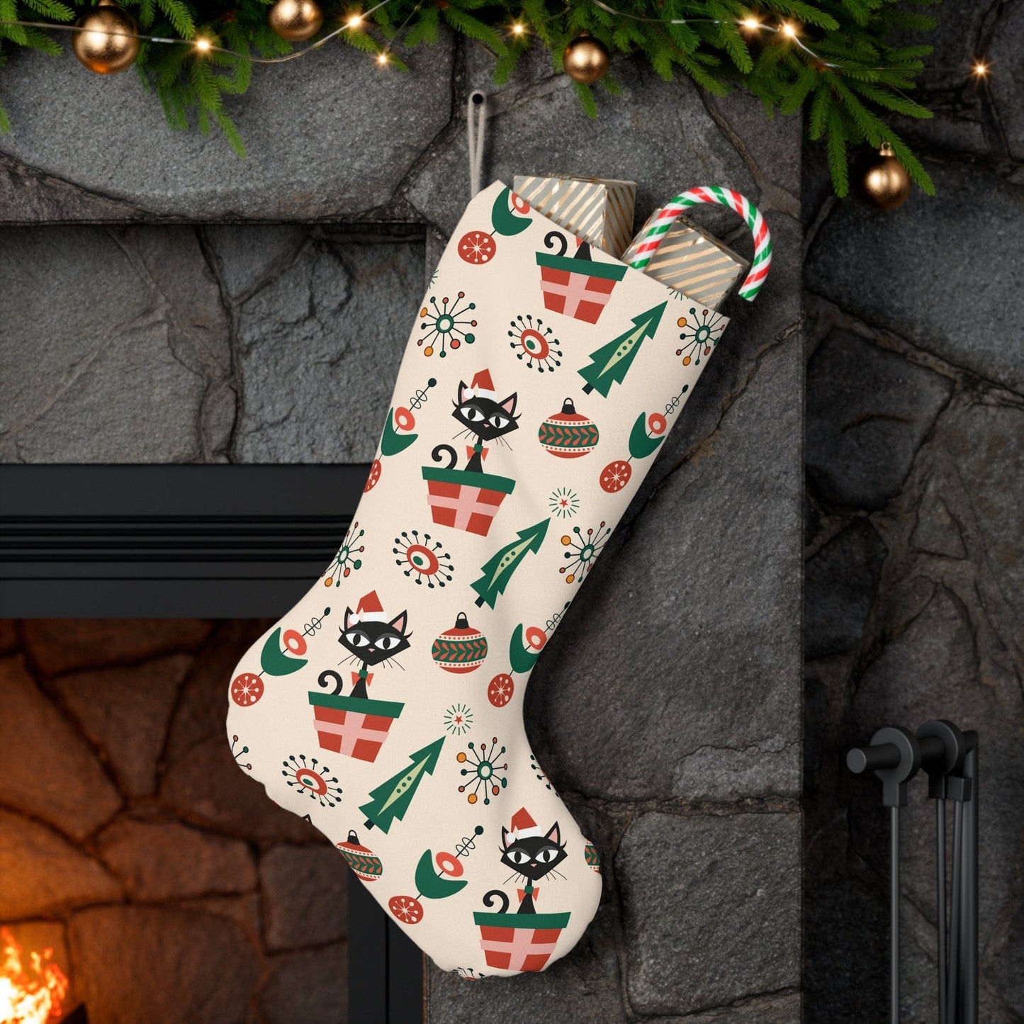 Kate McEnroe New York Atomic Kitschy Cat Santa Stocking, Mid Century Modern Retro Starburst Christmas Decor, 1970s Vintage Christmas Stockings Holiday Stockings 12371521042981700142