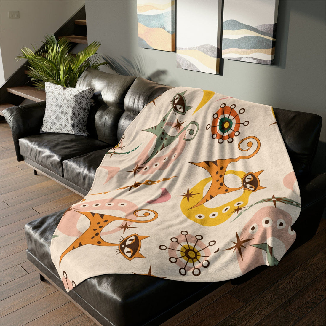 Kate McEnroe New York Atomic Kitschy Cat Sherpa Blanket, 50s Retro Vintage Style Diamond Starburst Living Room, Bedroom DecorBlankets27122683489049989095
