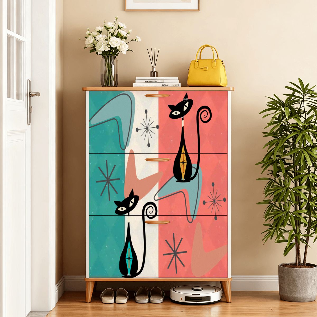 Kate McEnroe New York Atomic Kitschy Cat Shoe Organizer, Retro Mid Century Cabinet, Teal Coral Boomerang Starburst, Quirky MCM Storage UnitShoe StorageUQ5VoOLbHm