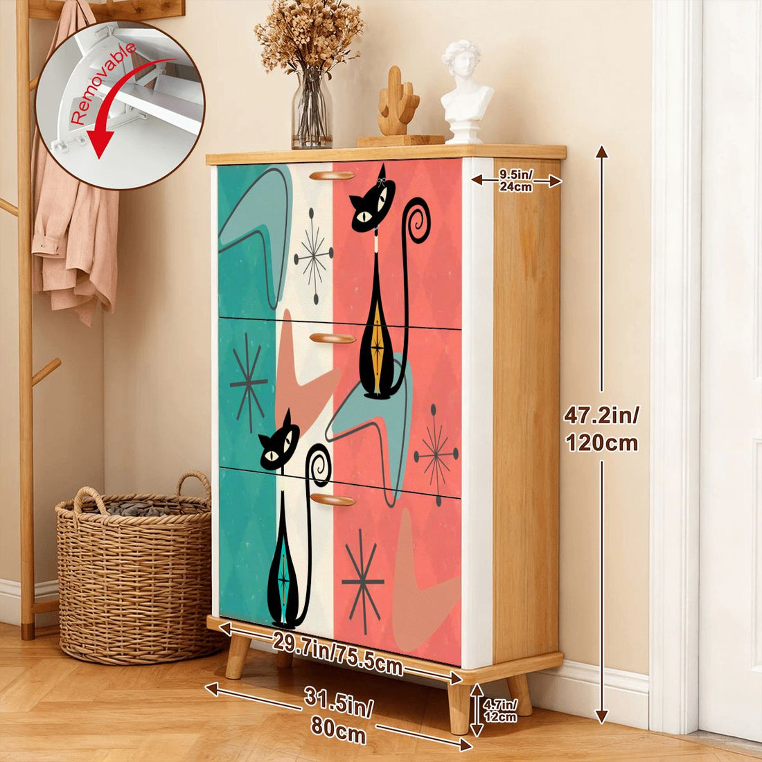 Kate McEnroe New York Atomic Kitschy Cat Shoe Organizer, Retro Mid Century Cabinet, Teal Coral Boomerang Starburst, Quirky MCM Storage UnitShoe StorageUQ5VoOLbHm