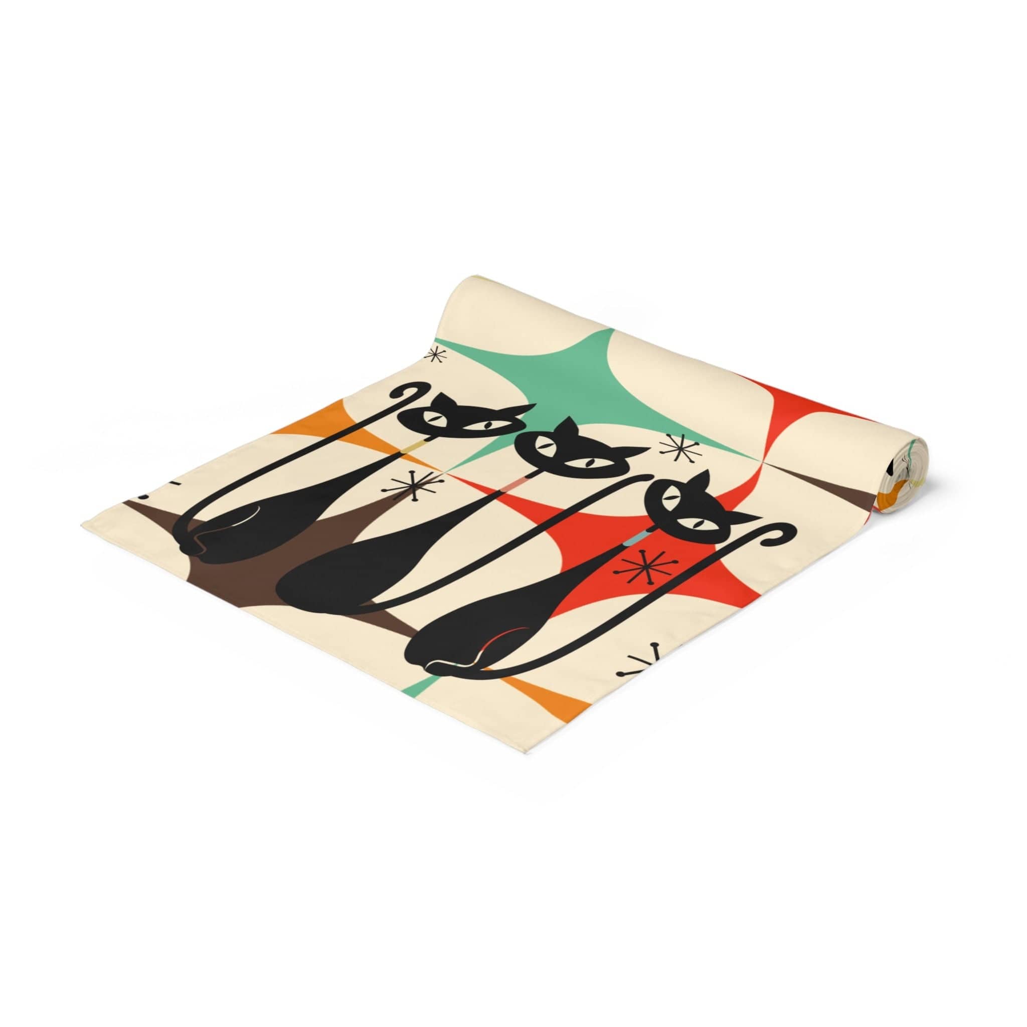 Kate McEnroe New York Atomic Kitschy Cat Table Runner, Mid Century Modern Retro Starburst in Aqua, Cream, Brown, Orange and Mustard Yellow Table DecorTable Runners54218902823181870744