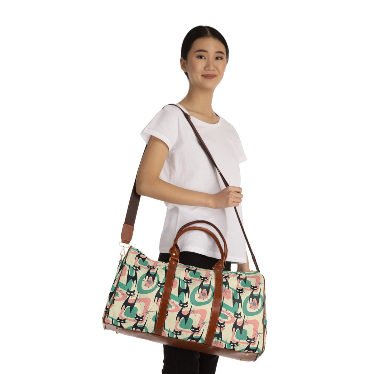 Kate McEnroe New York Atomic Kitschy Cat Travel Bag, Mid Century Modern Retro Geometric Starburst Weekender Carry on BagDuffel Bags16848540604138601256