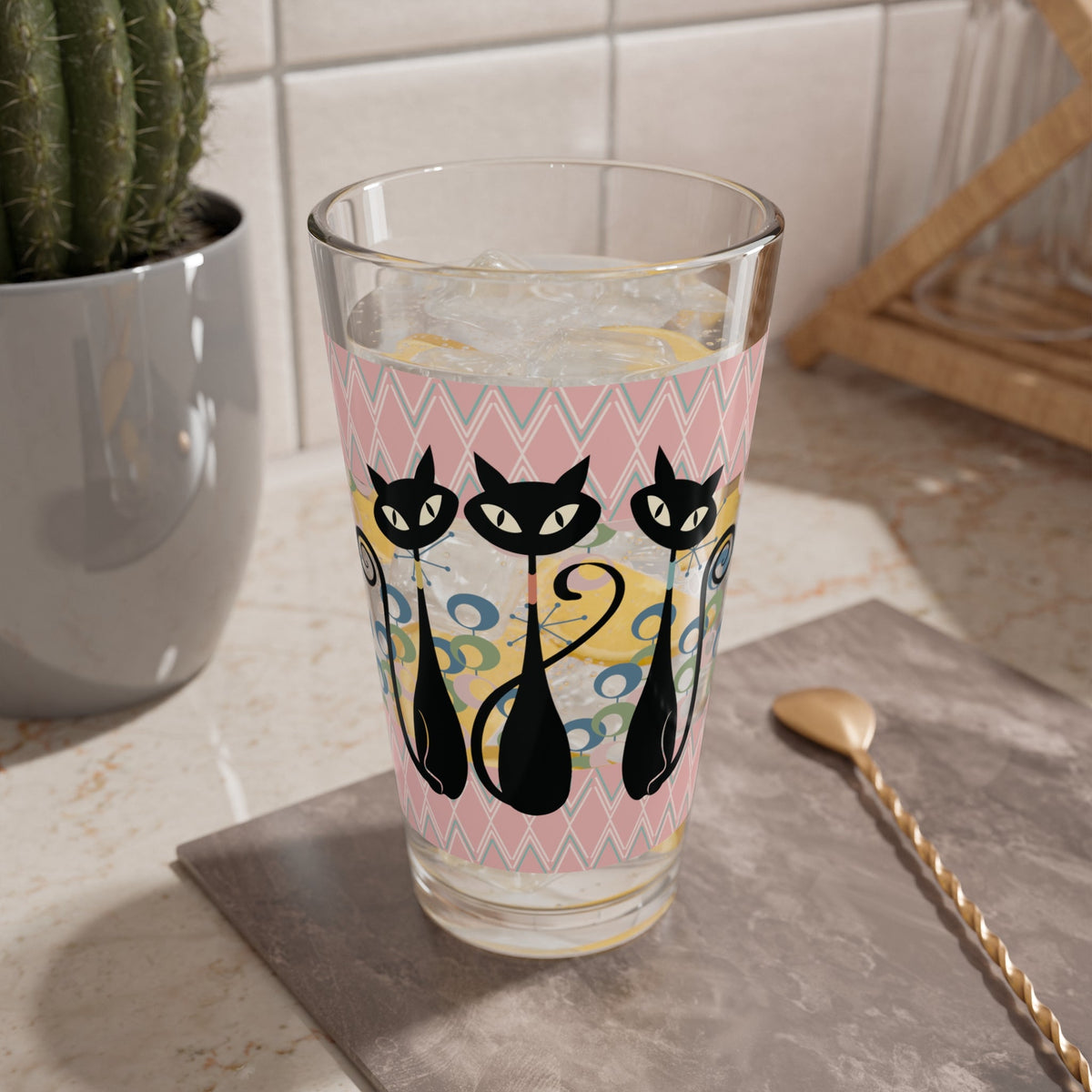 Kate McEnroe New York Atomic Kitschy Cat Trio Pint Glass, Retro Mid Century Modern Drinkware, Vintage Style BarwarePint Glasses27157435526004708384