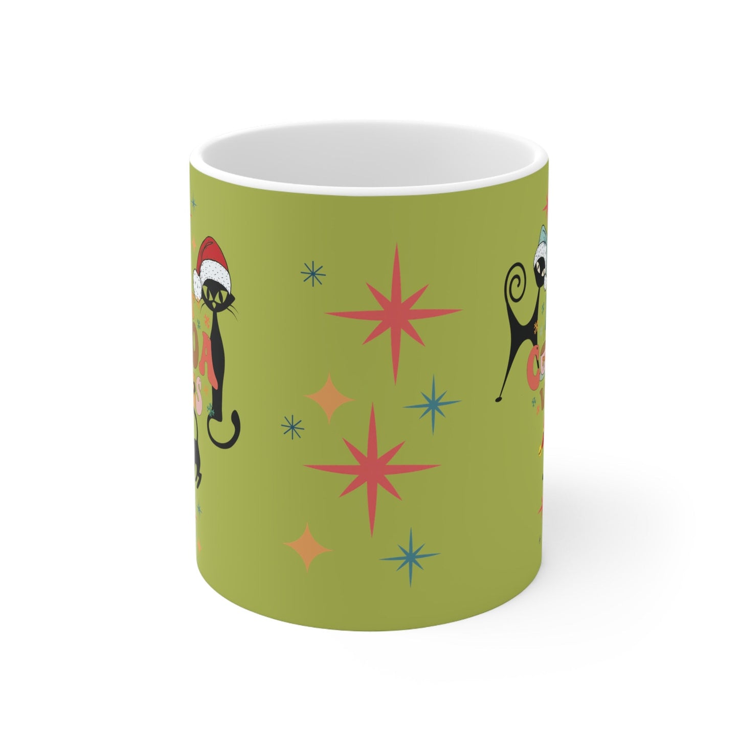 Kate McEnroe New York Atomic Kitschy Christmas Cats Mug - Mid Century Modern Starburst Boho Holiday Drinkware - Hot Cocoa Vibes 29775003130618473958