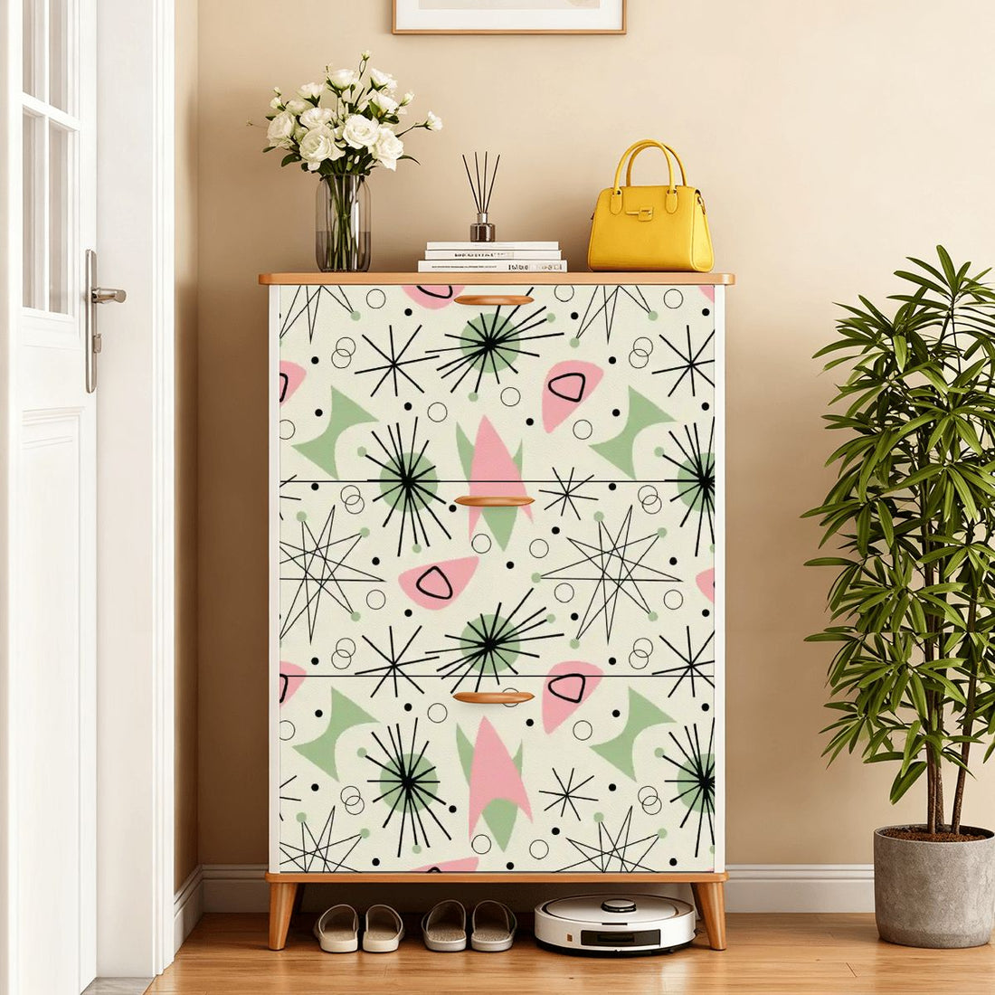 Kate McEnroe New York Atomic Mid Century Modern Shoe Cabinet, Retro Geometric Entryway Organizer, MCM Starburst Storage UnitShoe Storage2FeY50oceC