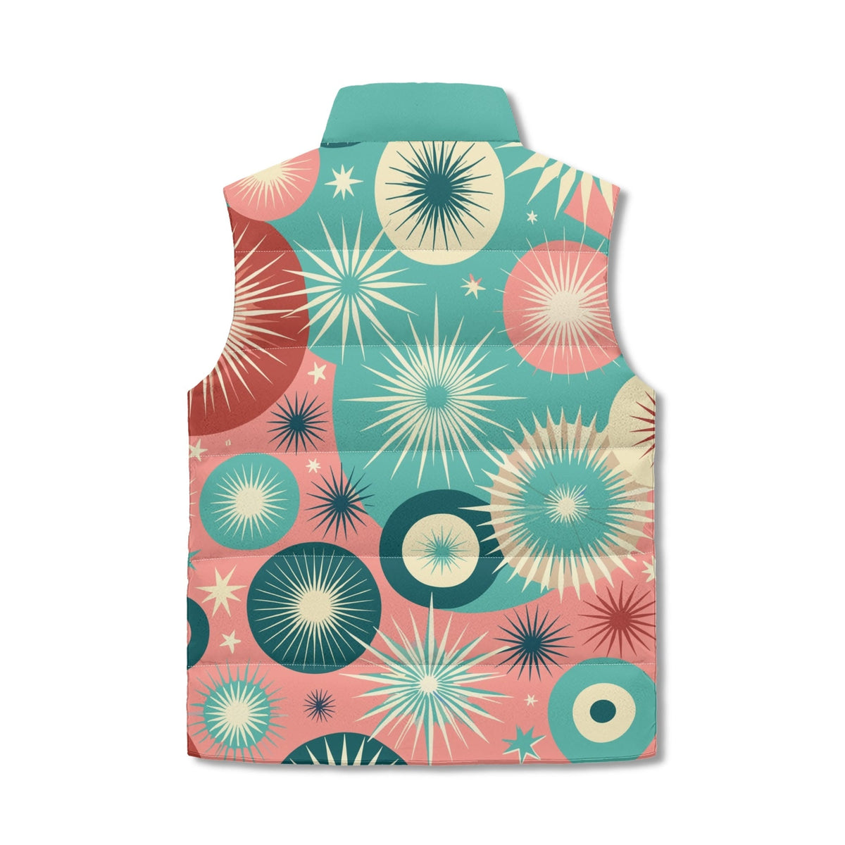 Kate McEnroe New York Atomic Poodle Puffer Vest, Mid Century Modern Retro Starburst Teal OuterwearPuffer VestsW1KV1R9N - 1