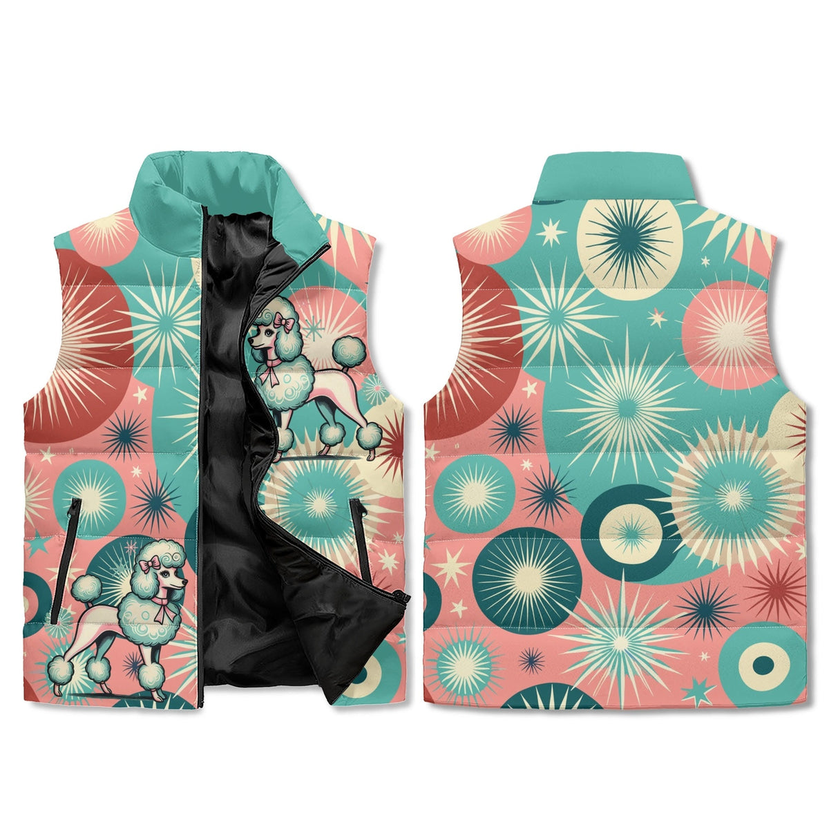 Kate McEnroe New York Atomic Poodle Puffer Vest, Mid Century Modern Retro Starburst Teal OuterwearPuffer VestsW1KV1R9N - 1