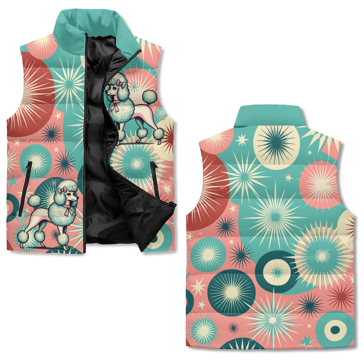 Kate McEnroe New York Atomic Poodle Puffer Vest, Mid Century Modern Retro Starburst Teal OuterwearPuffer VestsW1KV1R9N - 1