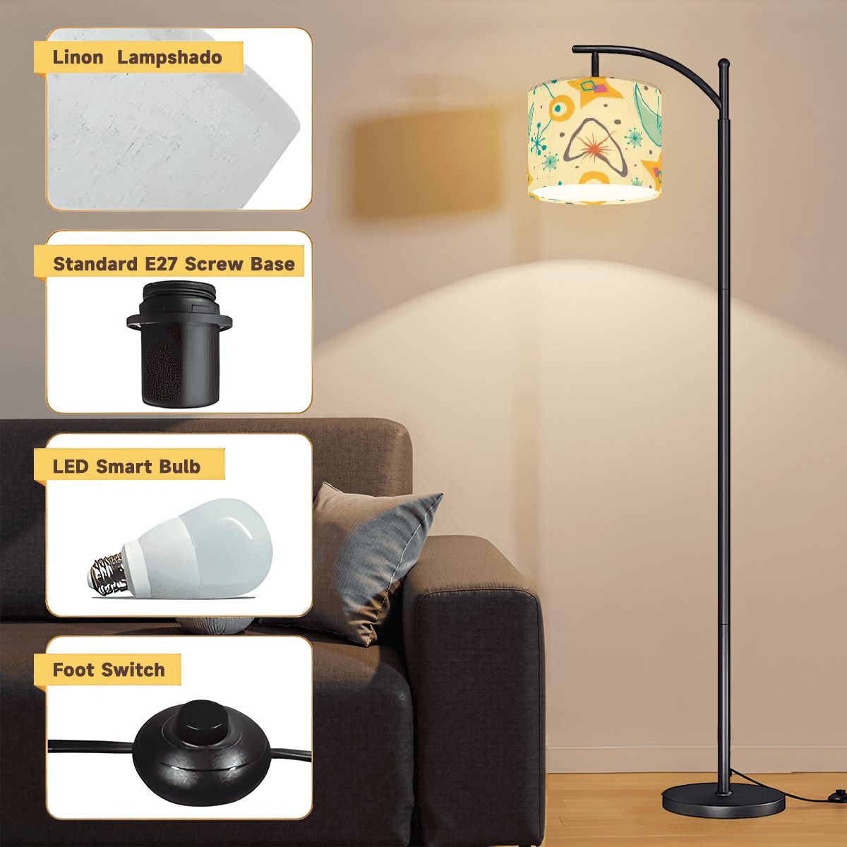 Kate McEnroe New York Atomic Starburst Arc Floor Lamp, Mid Century Modern Boomerang, Sputnik Living Room Eames Era Reading LightFloor LampsUowgcMfIgO
