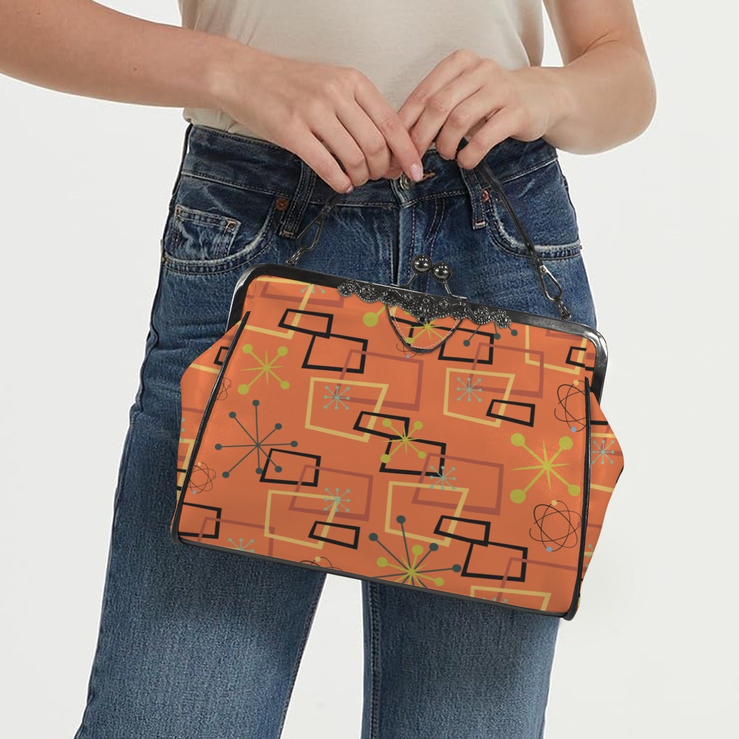 Kate McEnroe New York Atomic Starburst Kiss Lock Handbag Mid Century Modern Orange PurseCrossbody BagsD3270074