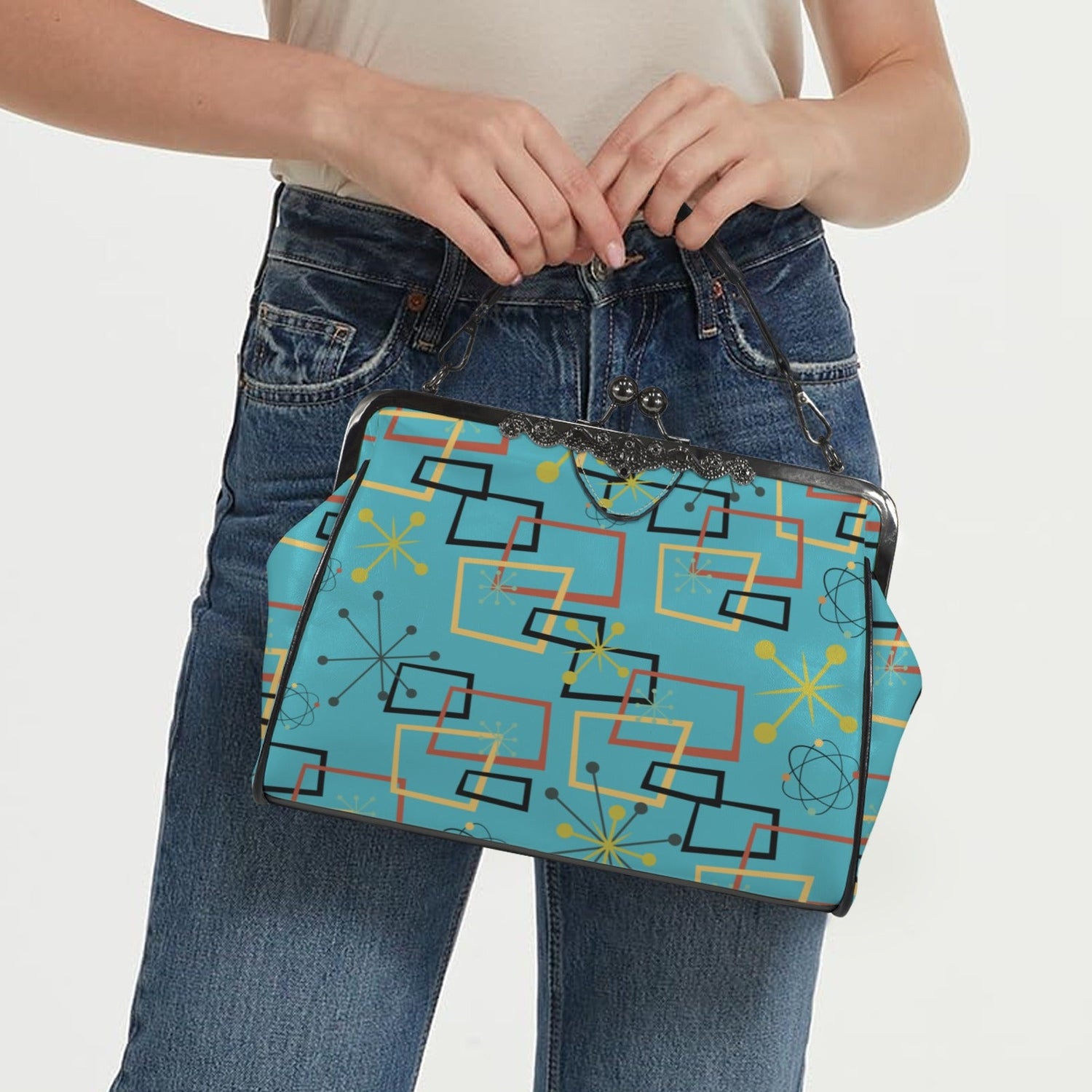 Kate McEnroe New York Atomic Starburst Kiss Lock Handbag Mid Century Modern Turquoise PurseCrossbody BagsD3270088