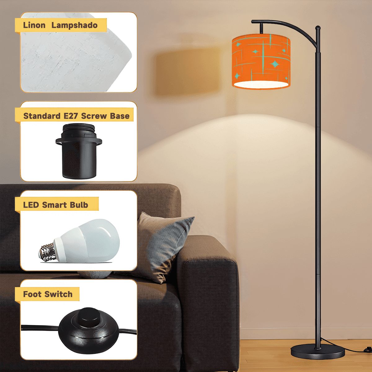 Kate McEnroe New York Atomic Starburst Mid Century Modern Arc Floor Lamp, Retro 50s Lighting AccentArc Floor Lampsdot2RUZ3xA
