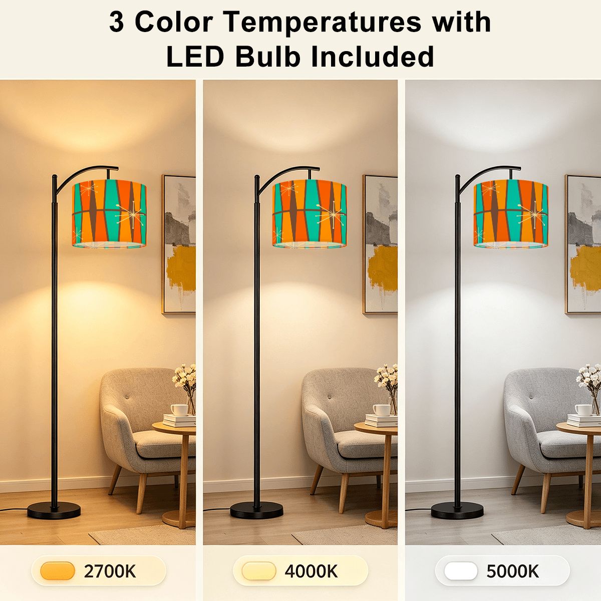 Kate McEnroe New York Atomic Starburst Mid Century Modern Floor Lamp, Retro 50s Arc Lamp, Vintage Orange Teal Geometric Shade Accent LightingArc Floor LampsCXWtoKsSVO