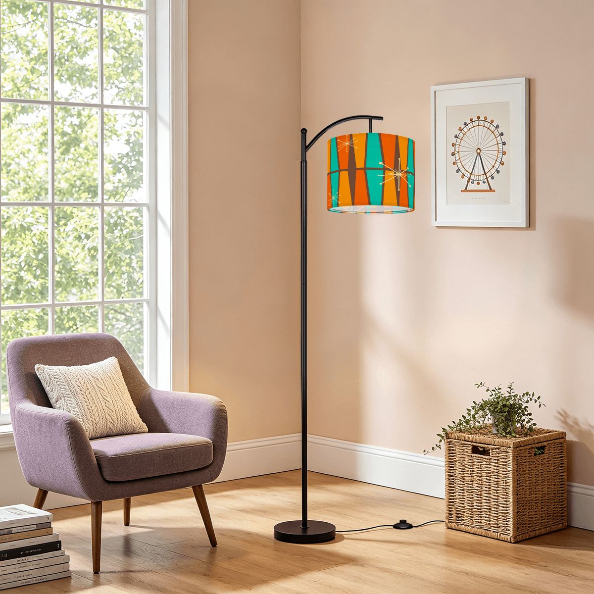 Kate McEnroe New York Atomic Starburst Mid Century Modern Floor Lamp, Retro 50s Arc Lamp, Vintage Orange Teal Geometric Shade Accent LightingArc Floor LampsCXWtoKsSVO