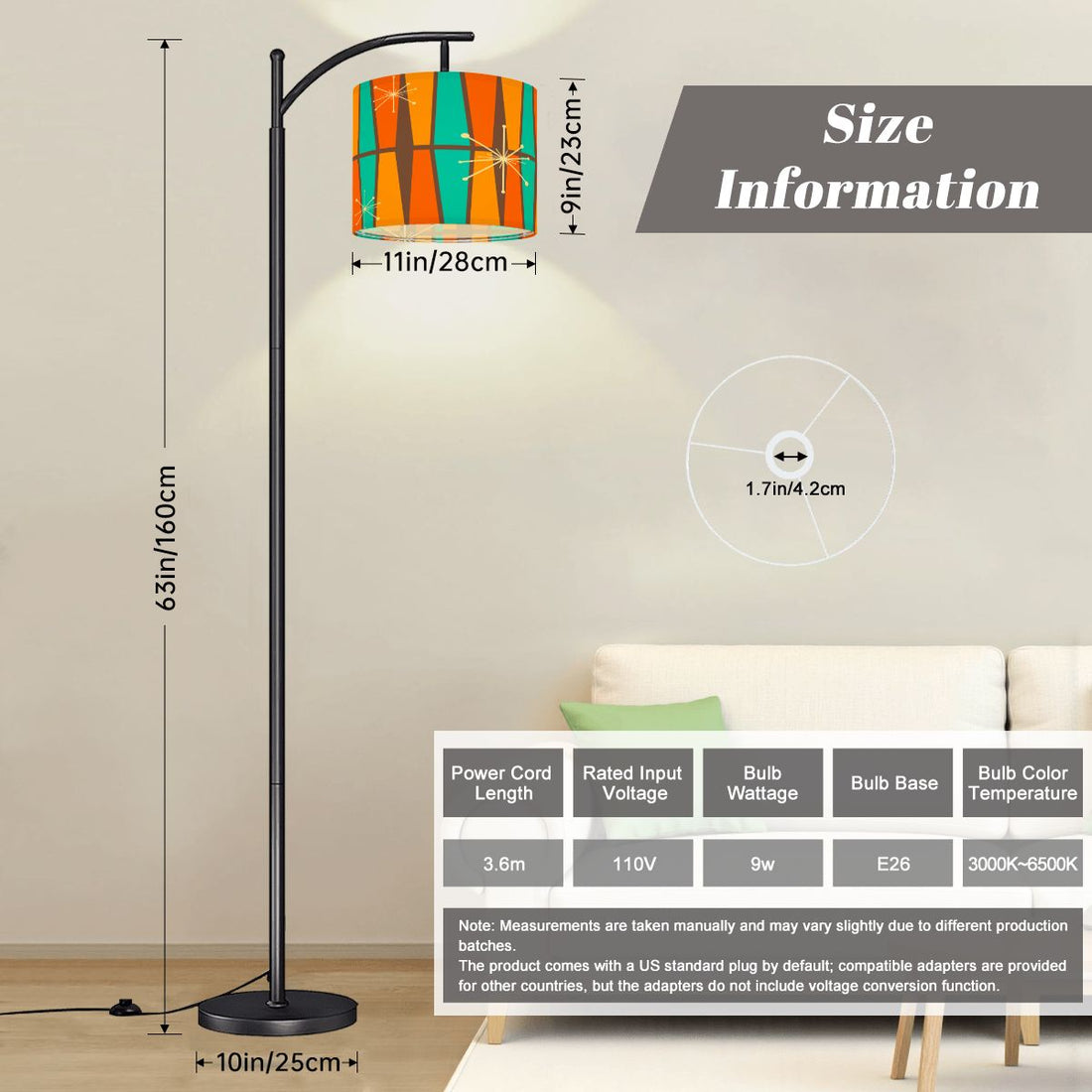 Kate McEnroe New York Atomic Starburst Mid Century Modern Floor Lamp, Retro 50s Arc Lamp, Vintage Orange Teal Geometric Shade Accent LightingArc Floor LampsCXWtoKsSVO